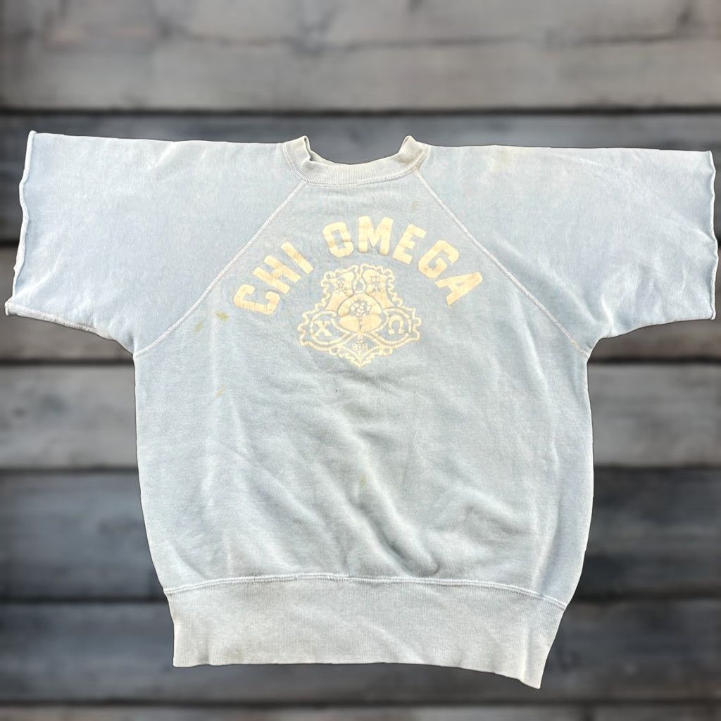 Omega VINTAGE Sweatshirt Mens M Blue Chi Omega Frat Fraternity Flocked Print True Size US M / EU 48-50 / 2 - 1 Thumbnail