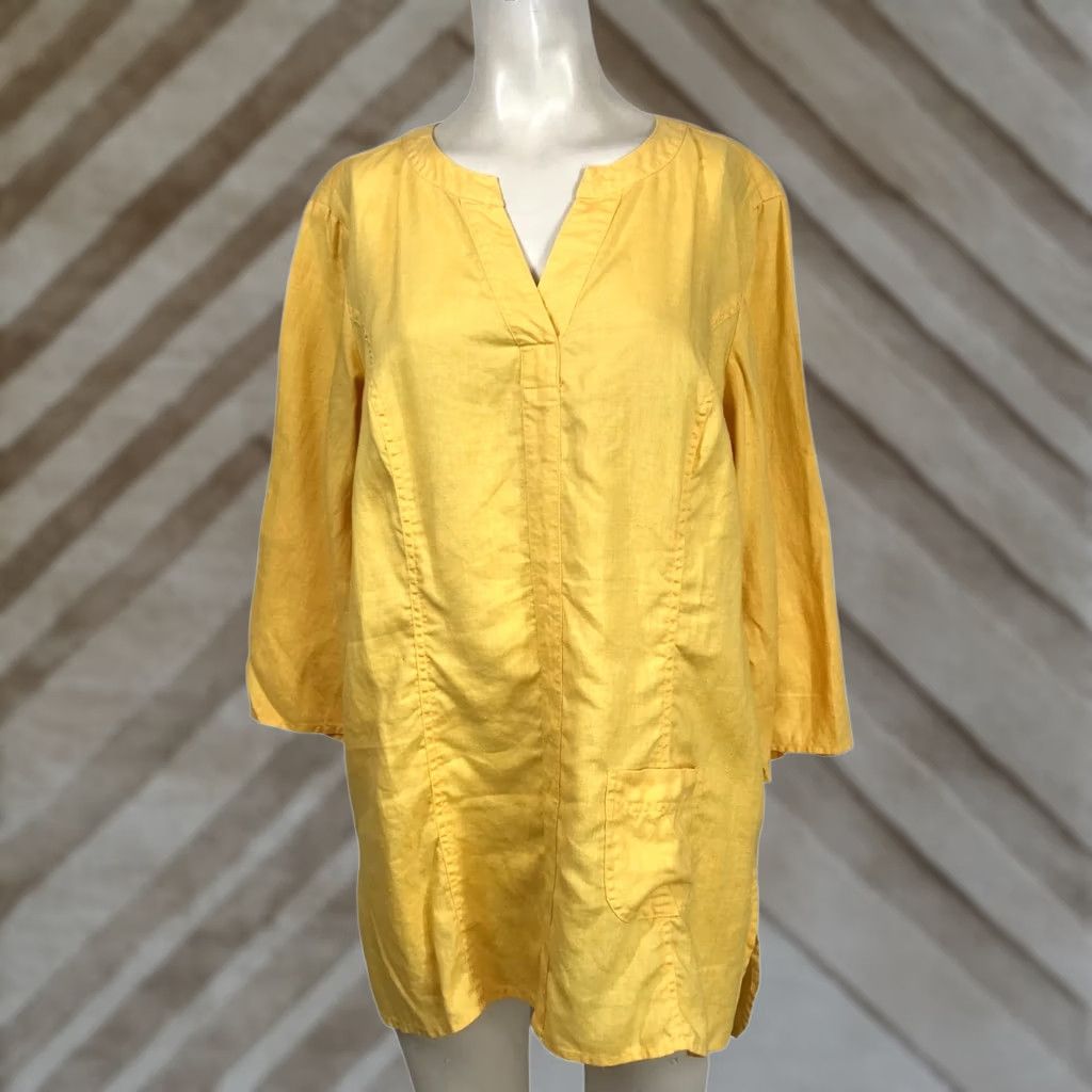 Coldwater Creek COLDwater CREEK Yellow Womens Large 3/4 Sleeve Vneck 100% Linen Top w/Pocket Size L / US 10 / IT 46 - 1 Thumbnail