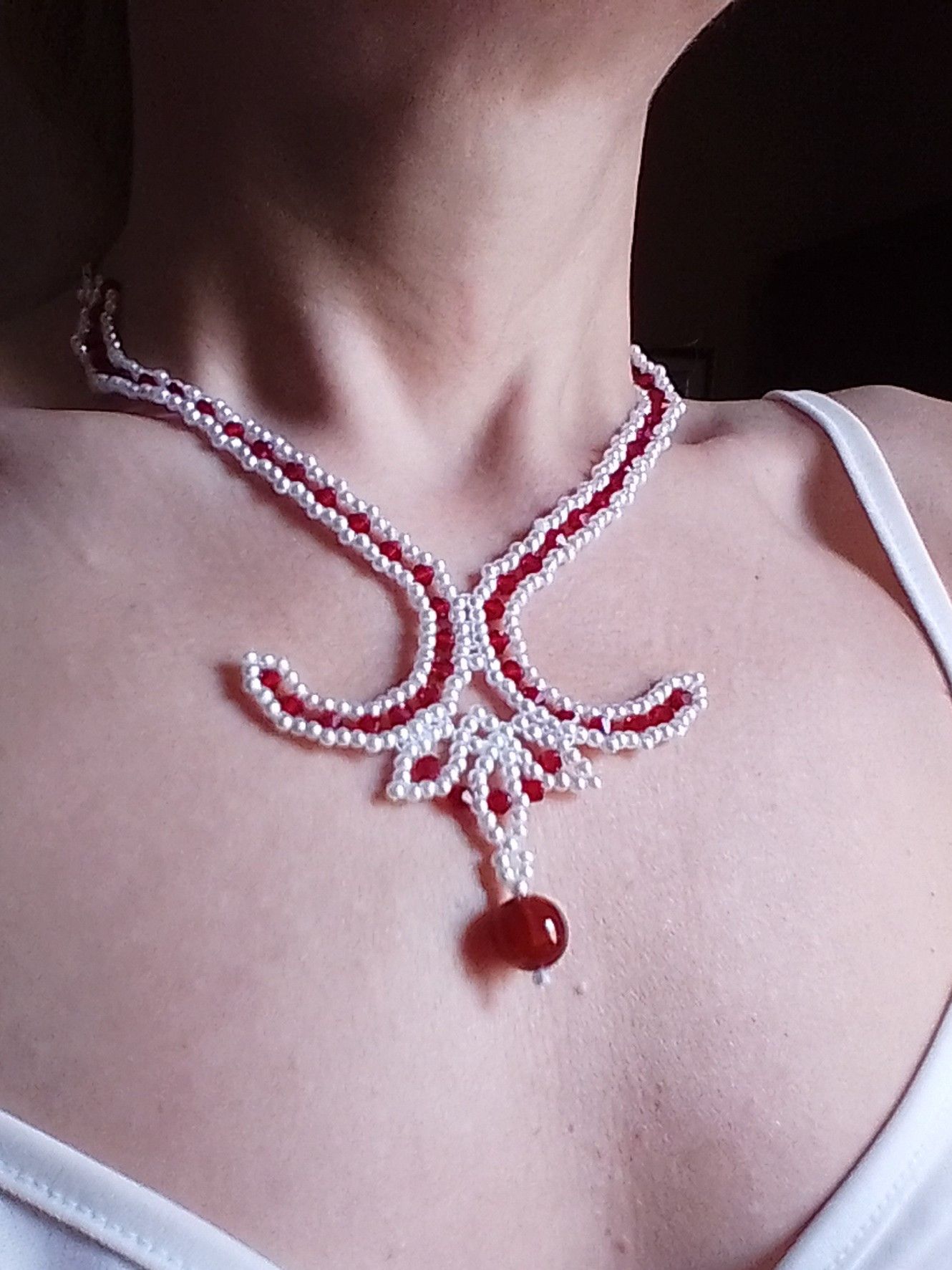 Handmade Necklace choker Red White Red Carnelian gemstone Size ONE SIZE - 7 Thumbnail