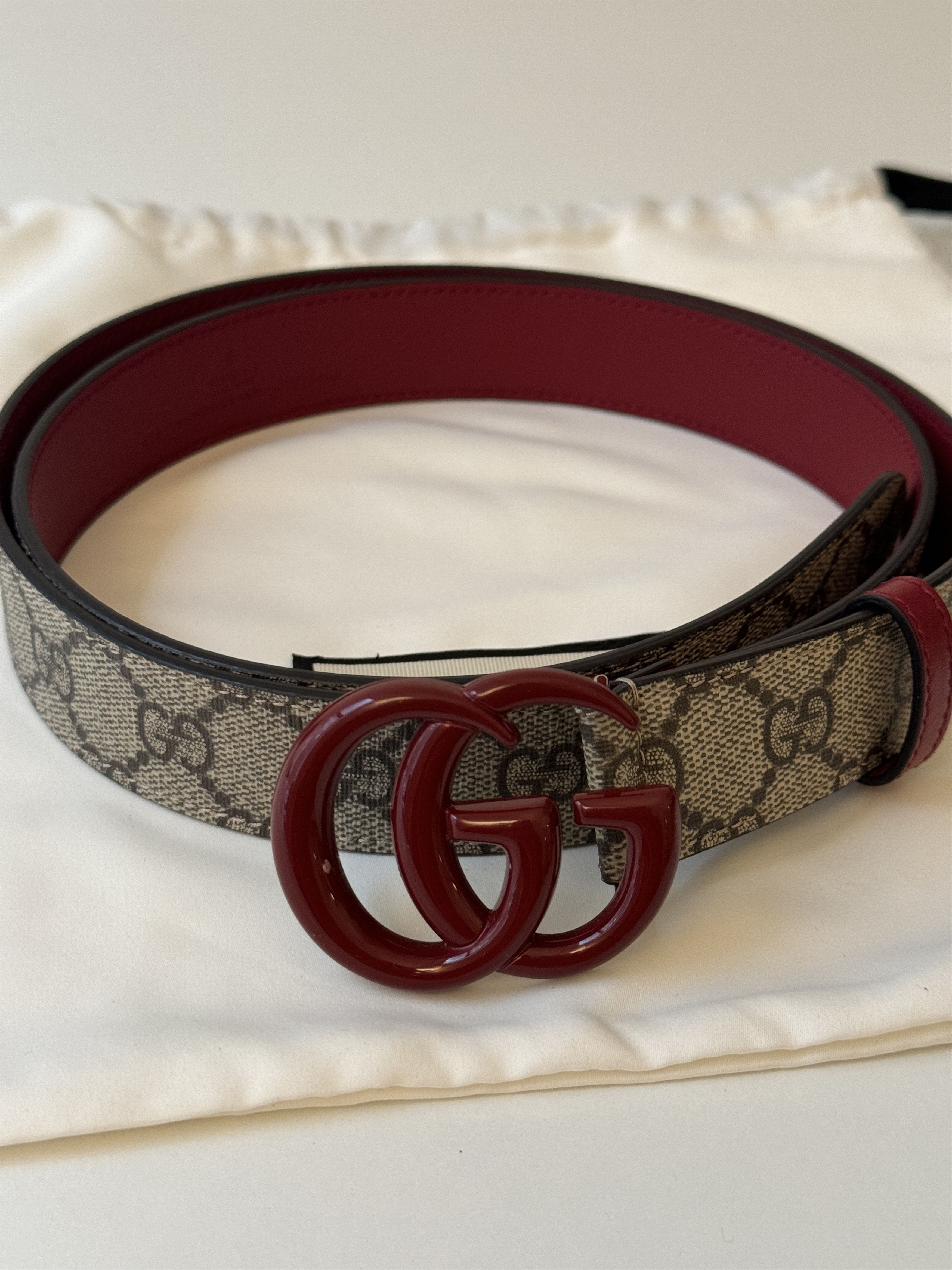 image of Gucci Marmont Belt GG Red Brown Monogram Canvas Size 105, Women's