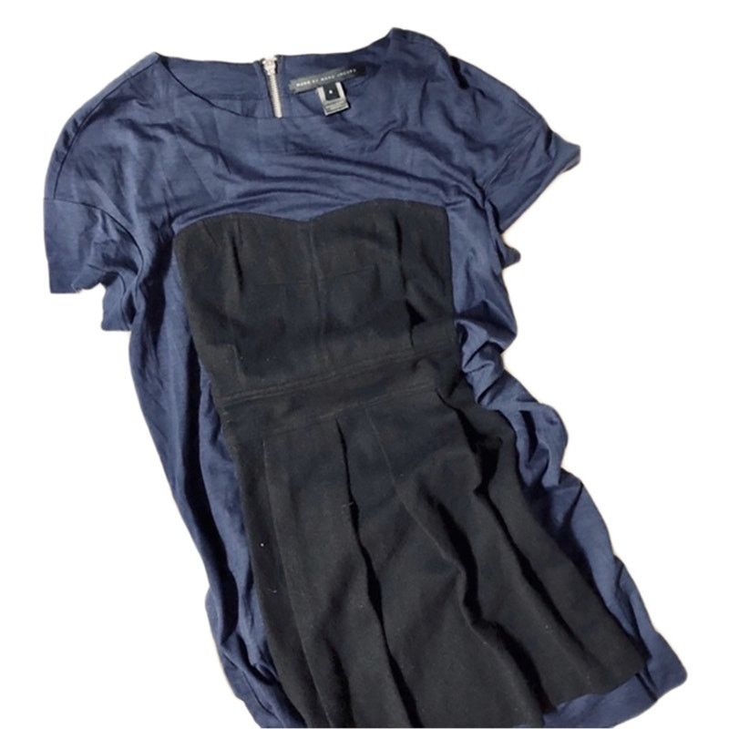 Marc by Marc Jacobs MARC JACOBS Black Navy Wool Pleated Crew Neck Mini Dress S Size S / US 4 / IT 40 - 2 Thumbnail