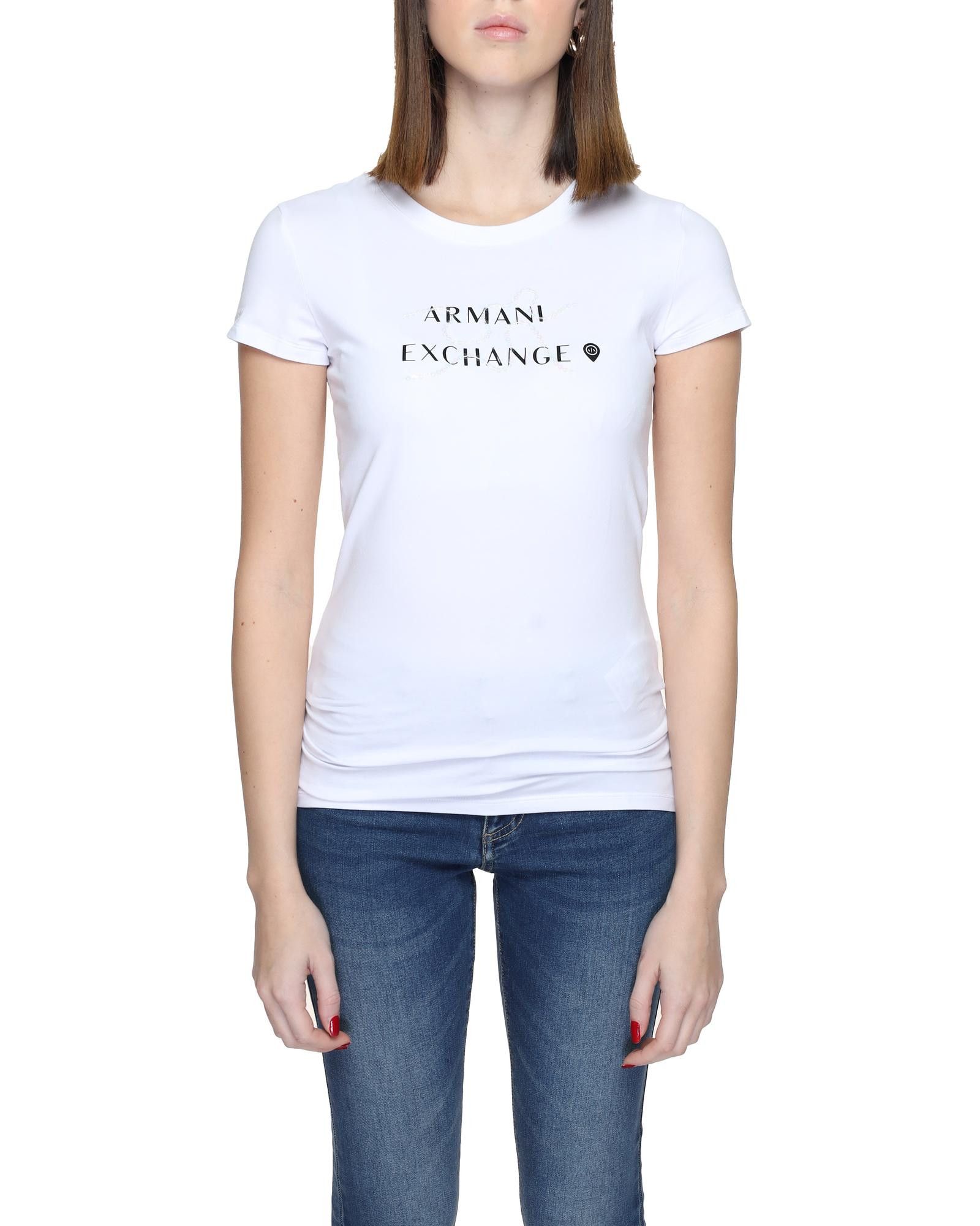 image of Armani Exchange Printed Cotton T-Shirt With Round Neckline in White, Women's (Size XL)