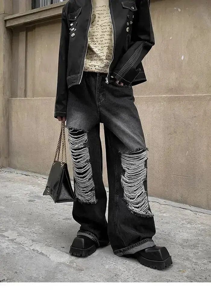 Japanese Brand Baggy distressed ripped wide leg y2k jeans Size US 32 / EU 48 - 6 Thumbnail