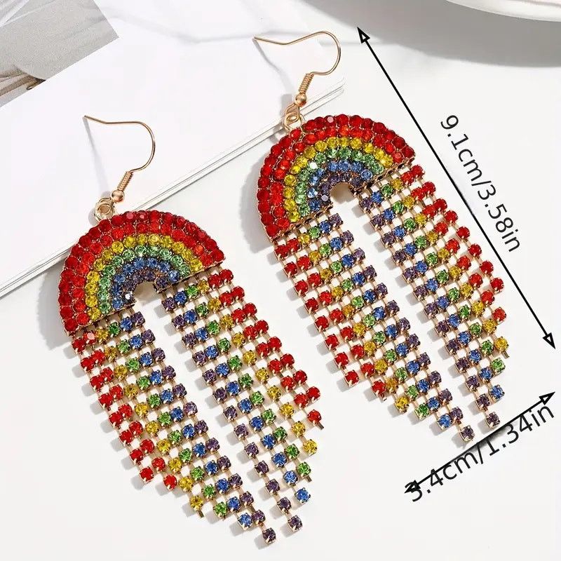 Other Rainbow Rhinestone Dangle Earrings Colorful Statement Size ONE SIZE - 2 Thumbnail
