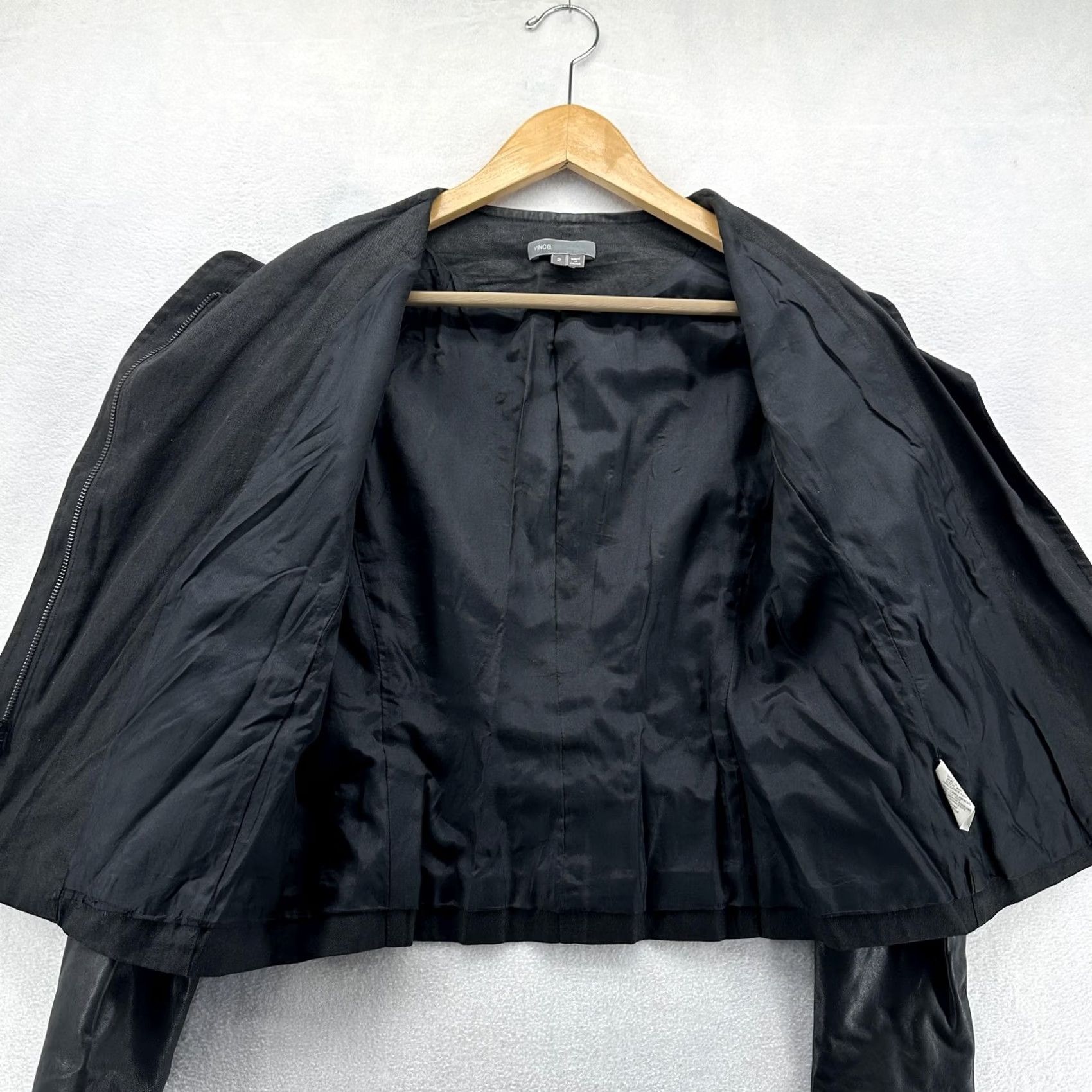 Vince Vince Womens 2 Biker Jacket Black Linen Leather Sleeves Asymmetrical Zip Front Short Length Size XS / US 0-2 / IT 36-38 - 3 Thumbnail