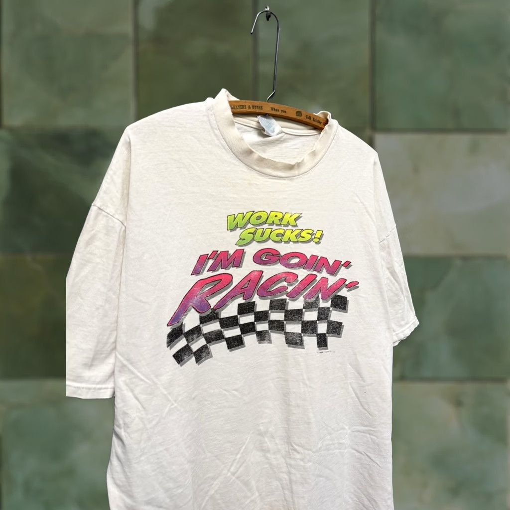 Hanes Vintage Hanes Shirt White Work Sucks I’m Racing 90’s Tee Size 2XL Size US XXL / EU 58 / 5 - 1 Thumbnail