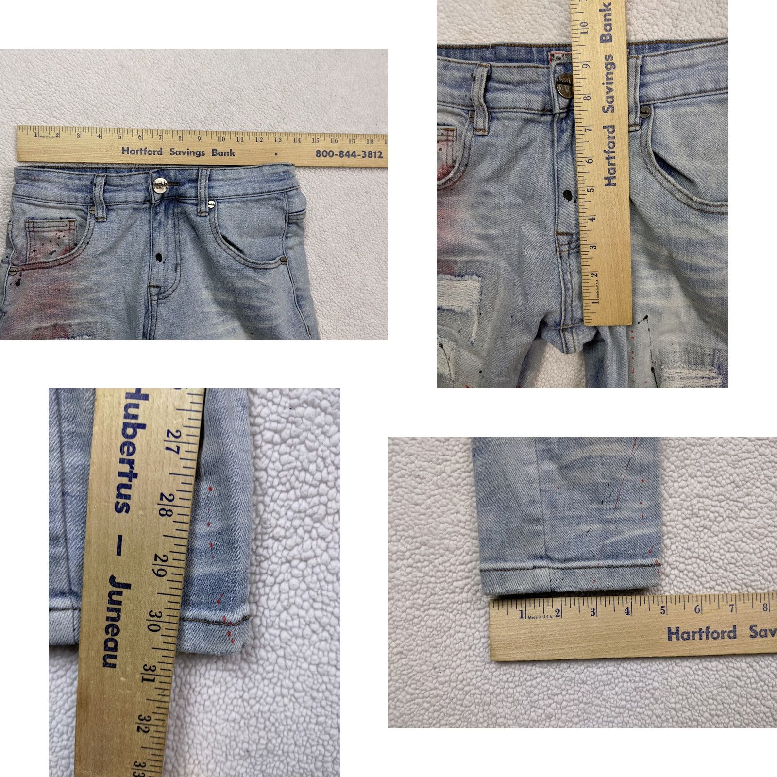 Vintage DENIMICITY Mens Jeans 30x32 Blue Destroyed Painted Light Wash Skinny Low Rise Denimicity Jeans Slim 30x32 Mens Jeans Blue 90s? Size US 30 / EU 46 - 8 Thumbnail
