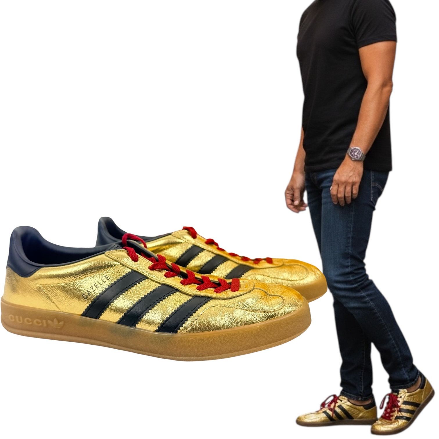 Gucci X Adidas Gazelle Metallic Lace Up Leather Sneakers