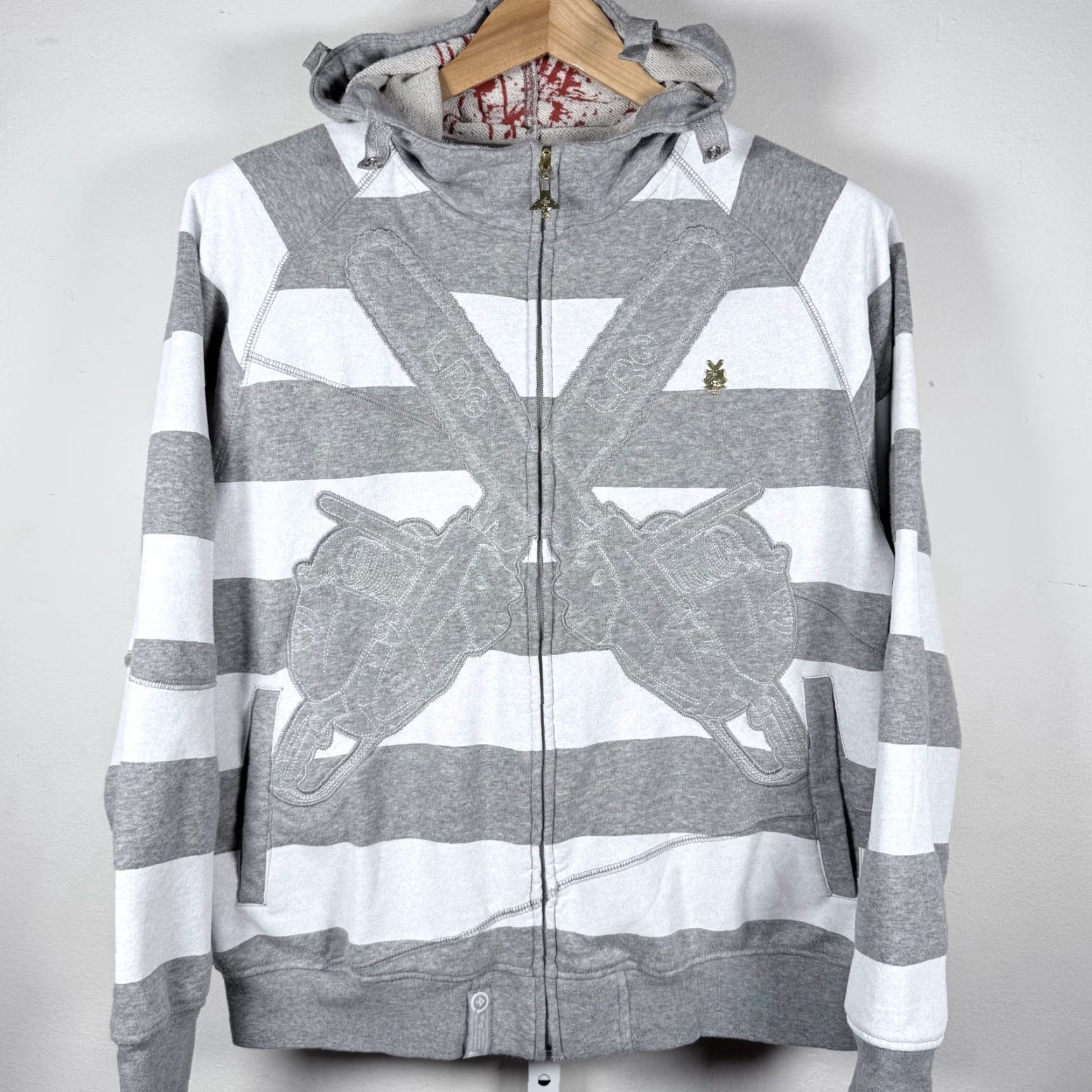 Vintage LRG Friday The 47th Hoodie Gray White Striped Chainsaw Applique Large VINTAGE? Size US L / EU 52-54 / 3 - 2 Thumbnail