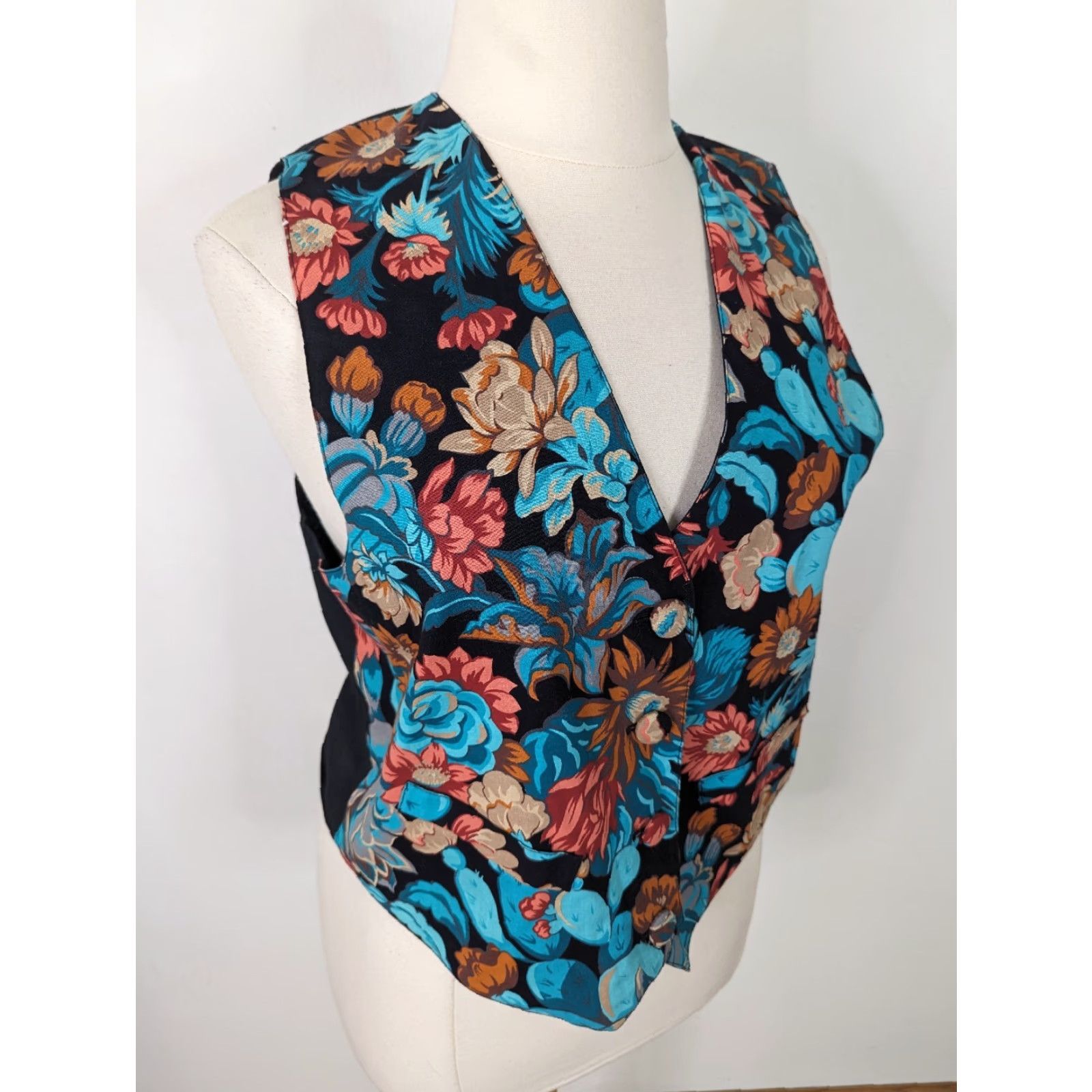 Vintage VINTAGE Esko Cactus Flower Floral Women’s Vest Large Button Black/Teal 90s V3J Size L / US 10 / IT 46 - 2 Thumbnail