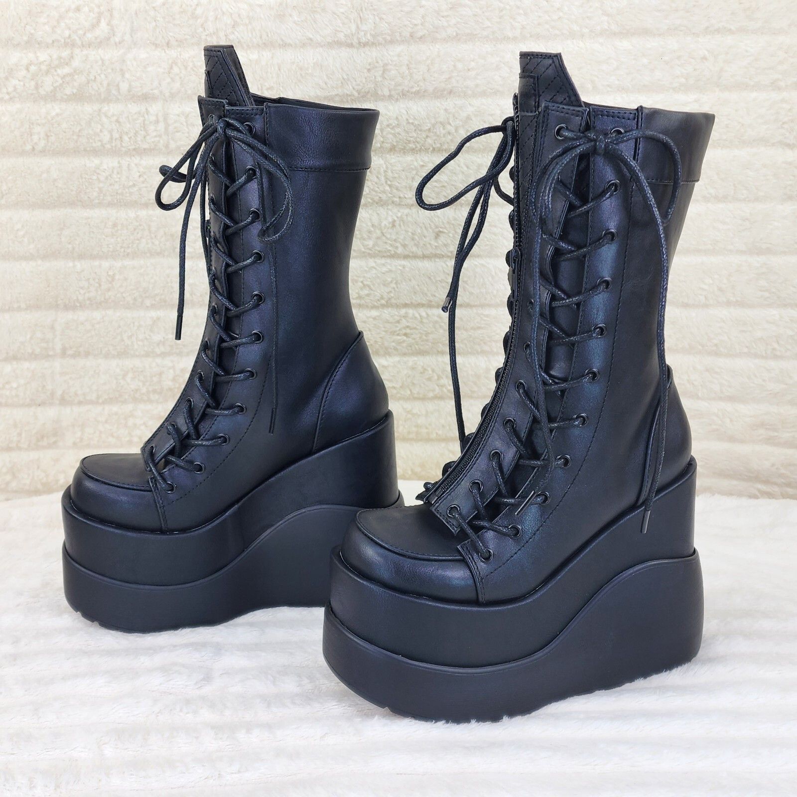 DEMONIA Void Black Matte Platform Wedge Corset Mid Calf Goth