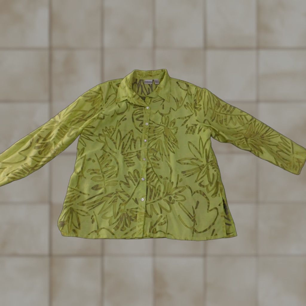 Vintage Chicos Blouse Womens 3 Green Button Front Sheer Floral Leaf Print Rayon Linen Size XS / US 0-2 / IT 36-38 - 1 Thumbnail