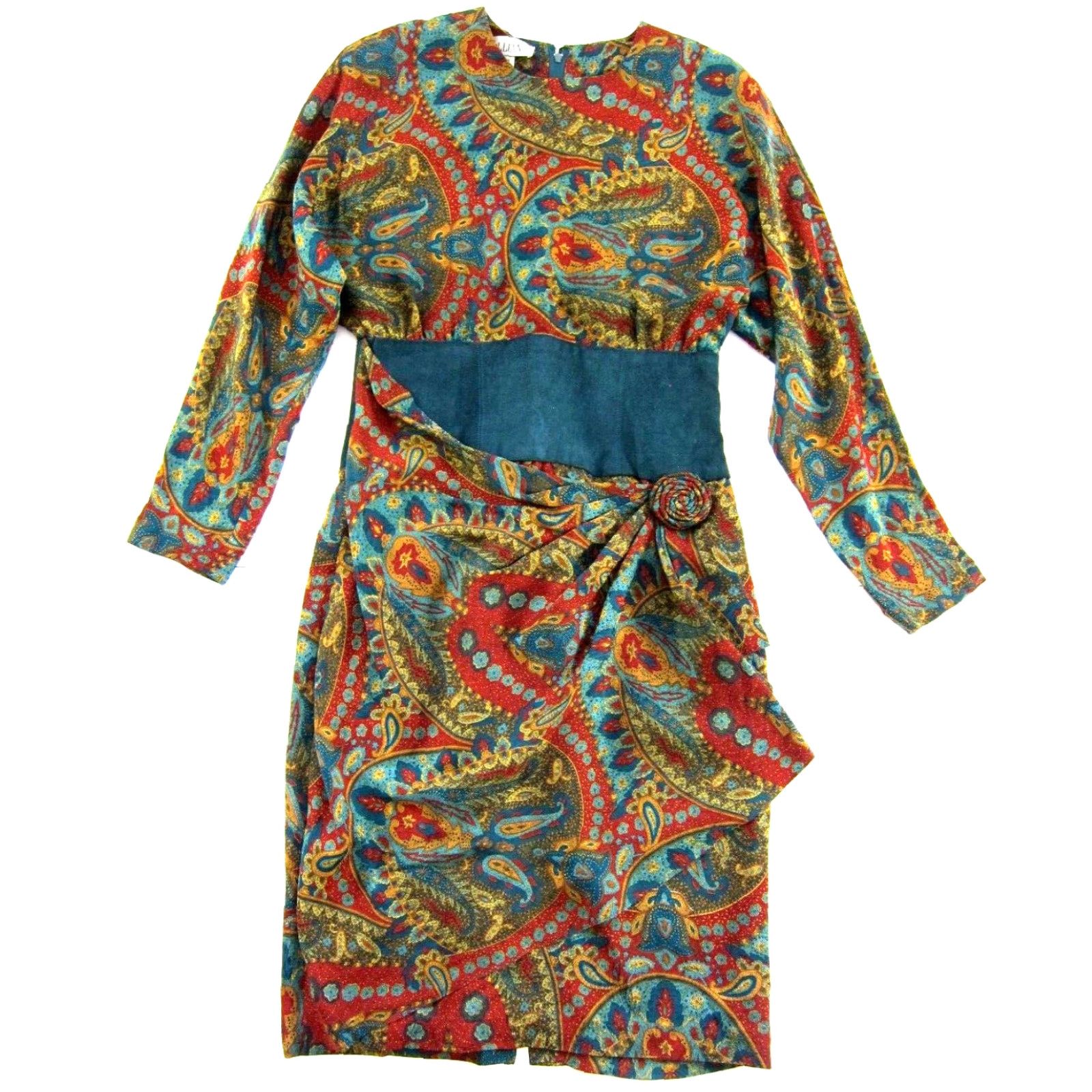 Vintage Vtg Gillian 80's 100% Silk Blue Dress Long Sleeve Floral 8 Size M / US 6-8 / IT 42-44 - 2 Thumbnail