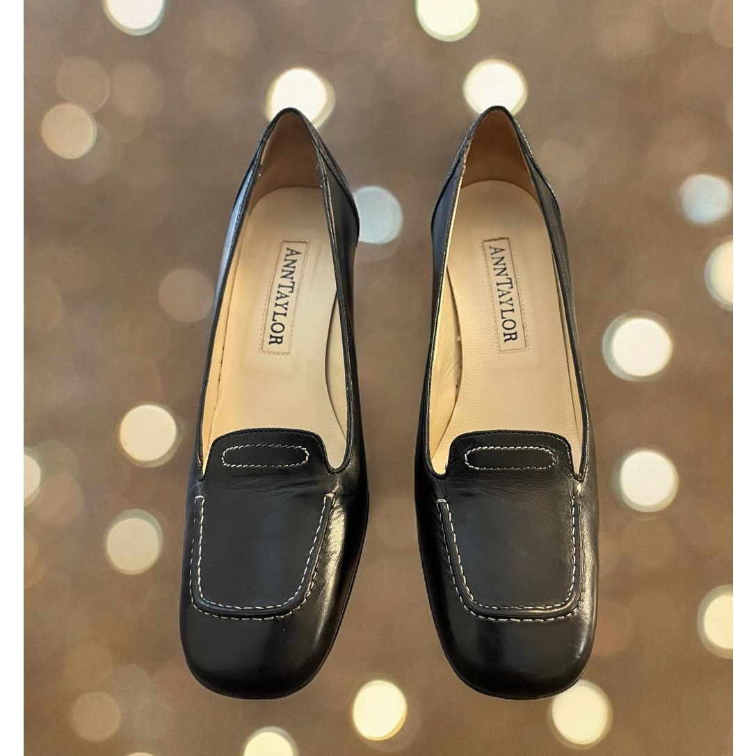 Unknown London Anne Taylor Black Shoes Chunky Heels Pumps Leather Sz 6.5 M Size US 6.5 / IT 36.5 - 5 Thumbnail