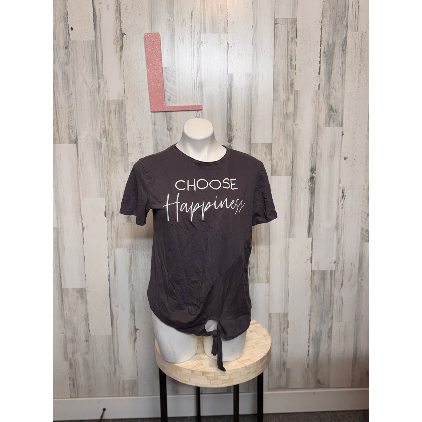 Other Sweet Soul “Choose Happiness” Graphic Tee Gray Tie-Front Shirt Size Large Size L / US 10 / IT 46 - 2 Thumbnail