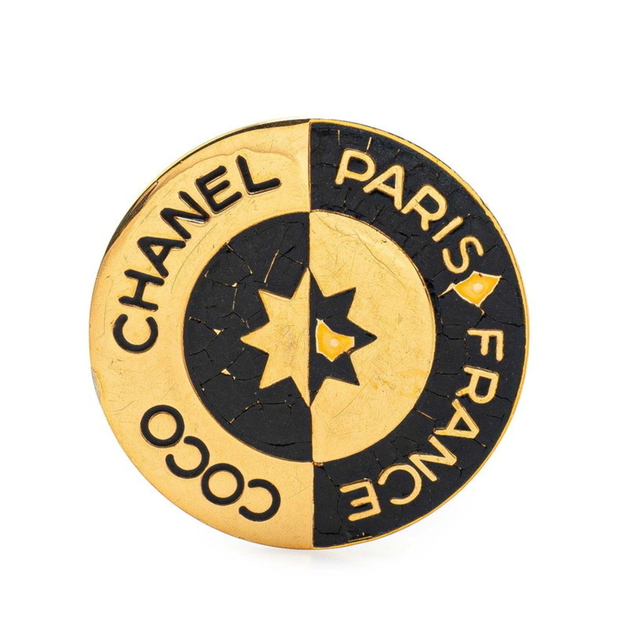 Chanel COCO logo round brooch in gold and black plated for
