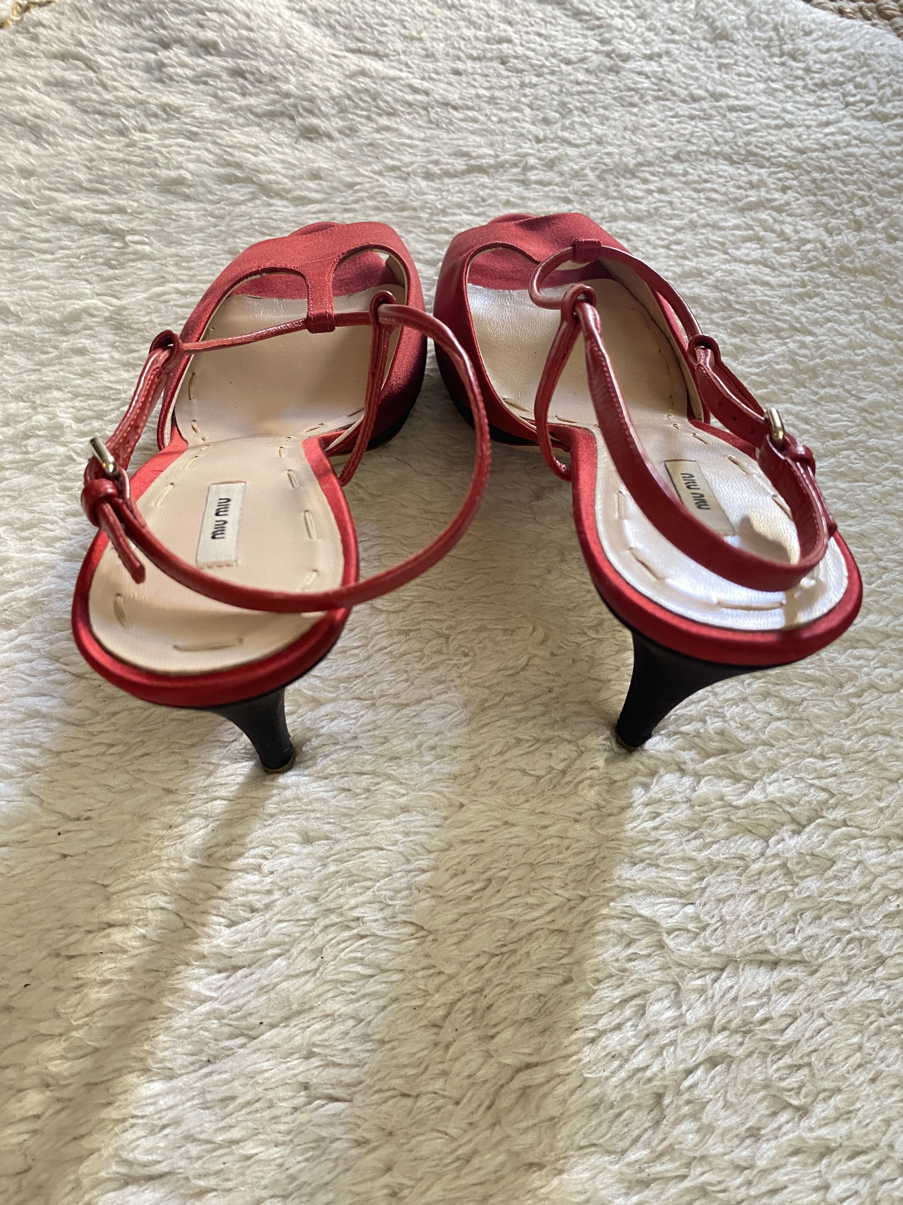 Miu Miu Miu Miu Silk Peep Toe Sandals – Red & Black Size US 10 / IT 40 - 16 Thumbnail