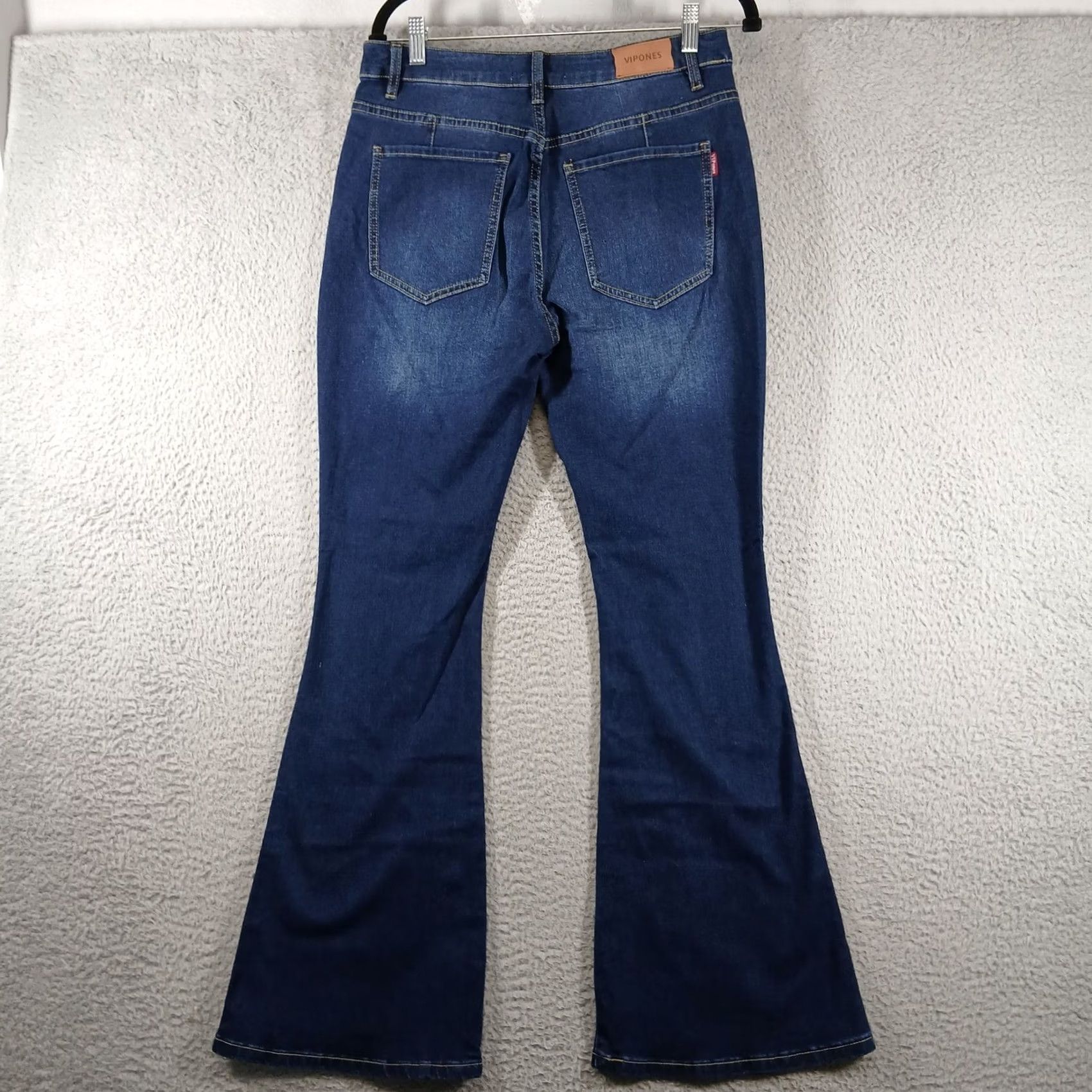 Vintage Vipones High Rise Flare Jeans Dark Wash Raw Step Hem 12 Tall EUC Womens Jeans Bohemian Retro Stretch 5-Pocket Design Zip Button Size 34" / US 12 / IT 48 - 3 Thumbnail