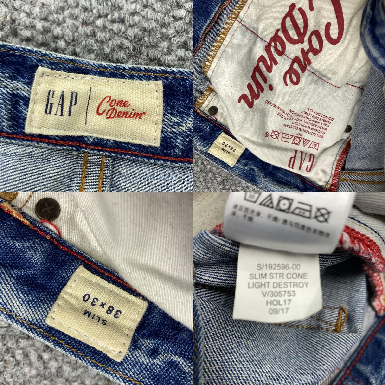 Gap GAP Cone Denim Jeans Mens 38x30 Blue Slim Straight Light Destroyed Distressed 5-Pocket Zip Fly Mens 38 Regular Inseam 30 Leather Patch (GAP 1969) Size US 38 / EU 54 - 8 Thumbnail