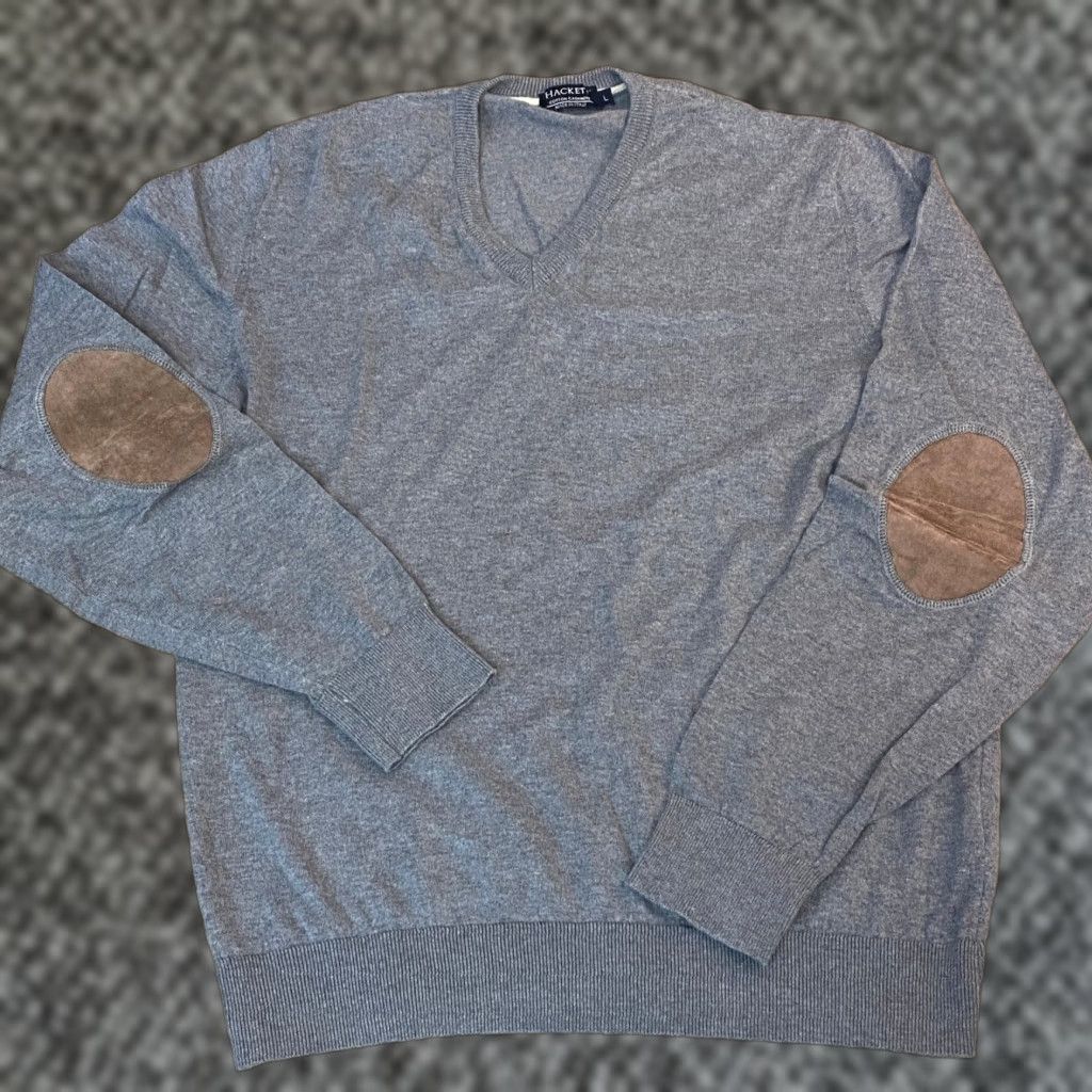 Hackett Hackett London Sweater Men L Gray Cotton Cashmere V-Neck Elbow Patches Italy Size US L / EU 52-54 / 3 - 1 Thumbnail