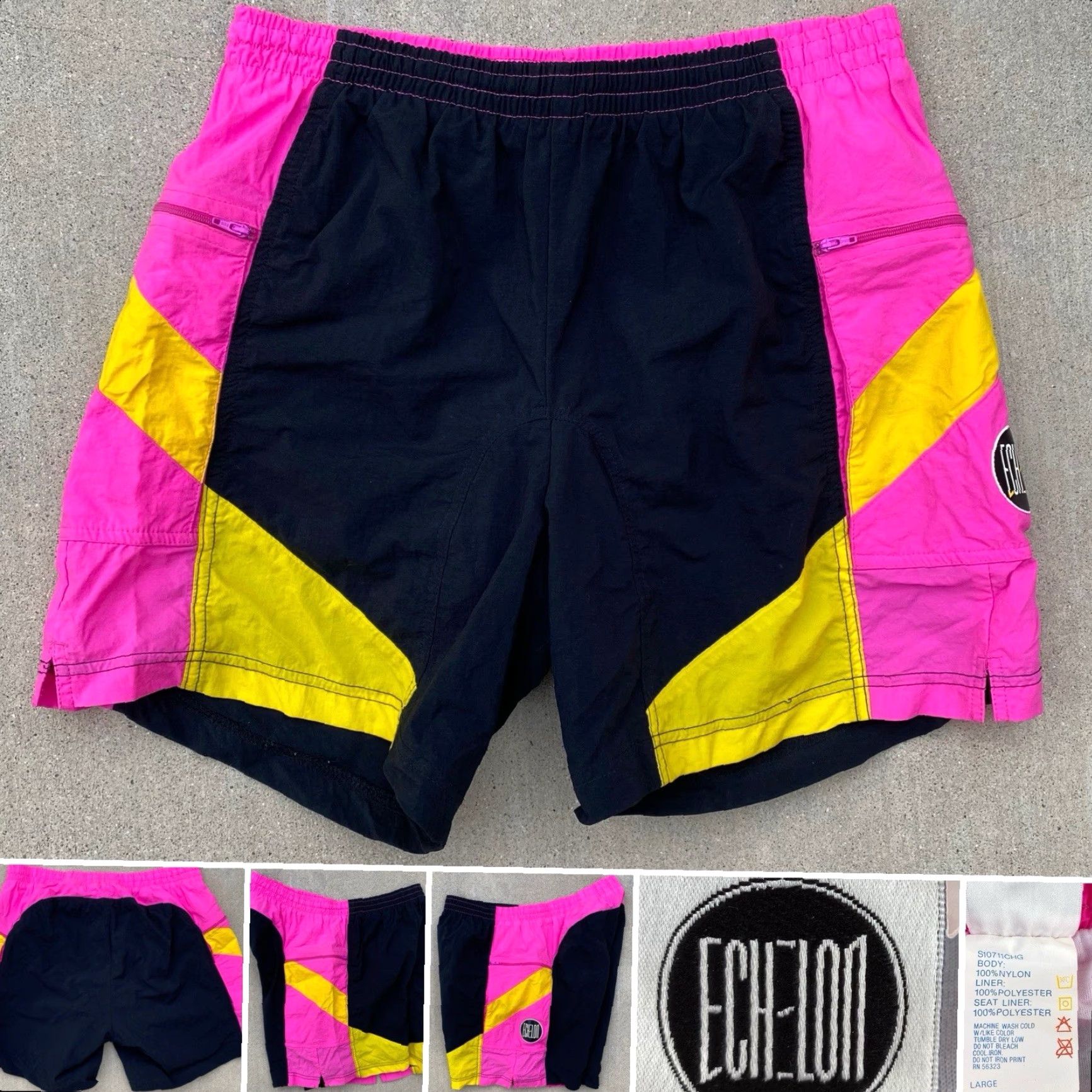 Nike VINTAGE Nike Echelon Men’s Nylon Shorts Ball Black Pink Yellow Geometric Logo Drawstring Pockets 1980s 1990s Cycling Mens L Size US 33 - 2 Thumbnail
