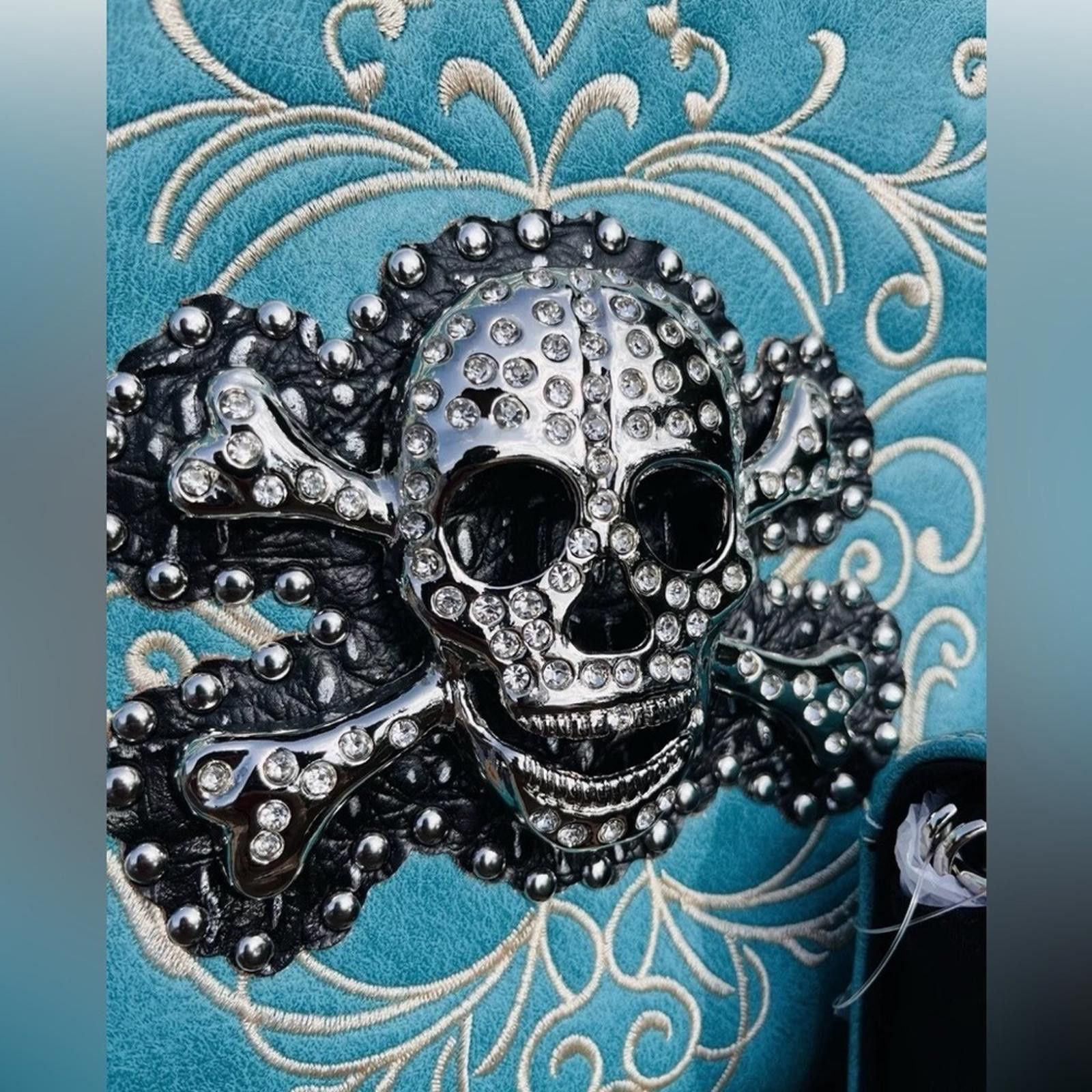 Designer Handmade Skull Leather Turquoise Shoulder Bag NWT Size ONE SIZE - 2 Thumbnail