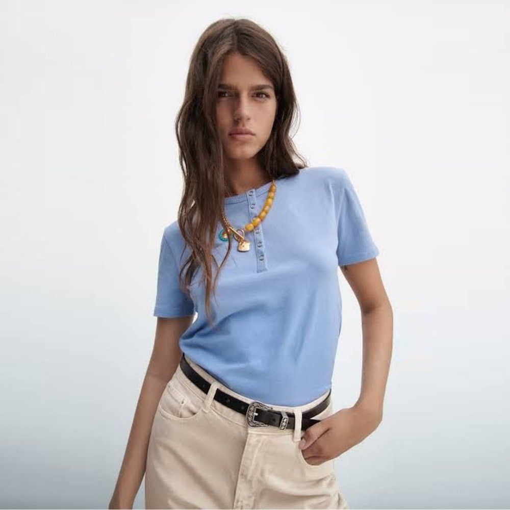 Zara New Zara Henley Blue Cotton short Sleeve Shirt Size M Size M / US 6-8 / IT 42-44 - 1 Thumbnail