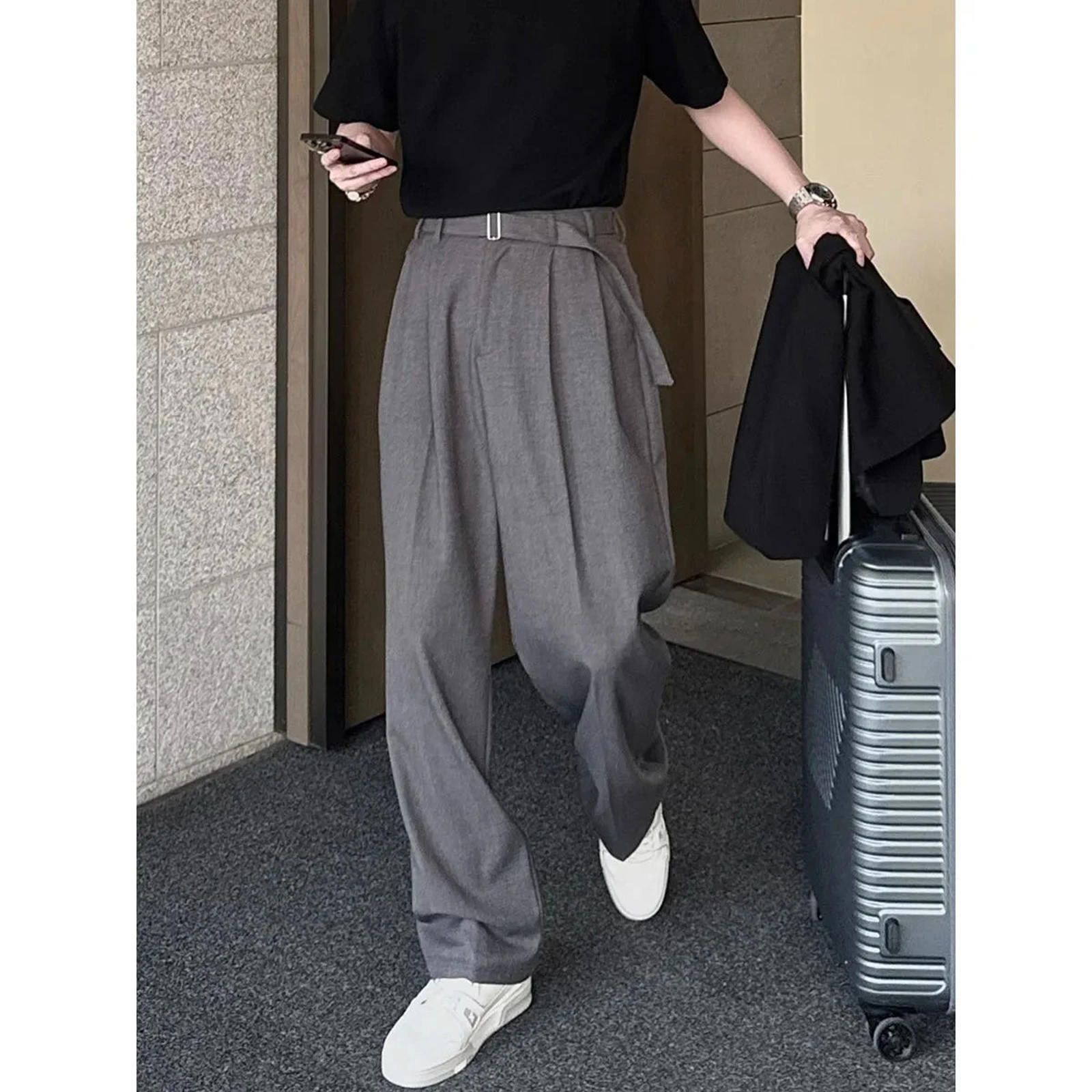 chinese dress ladies Suit Pants for Men Business Casual Loose Fit Straight Leg Fall Work Dress  Pants Button Zipper Fly Long Trousers Black at Amazon Men's Clothing store