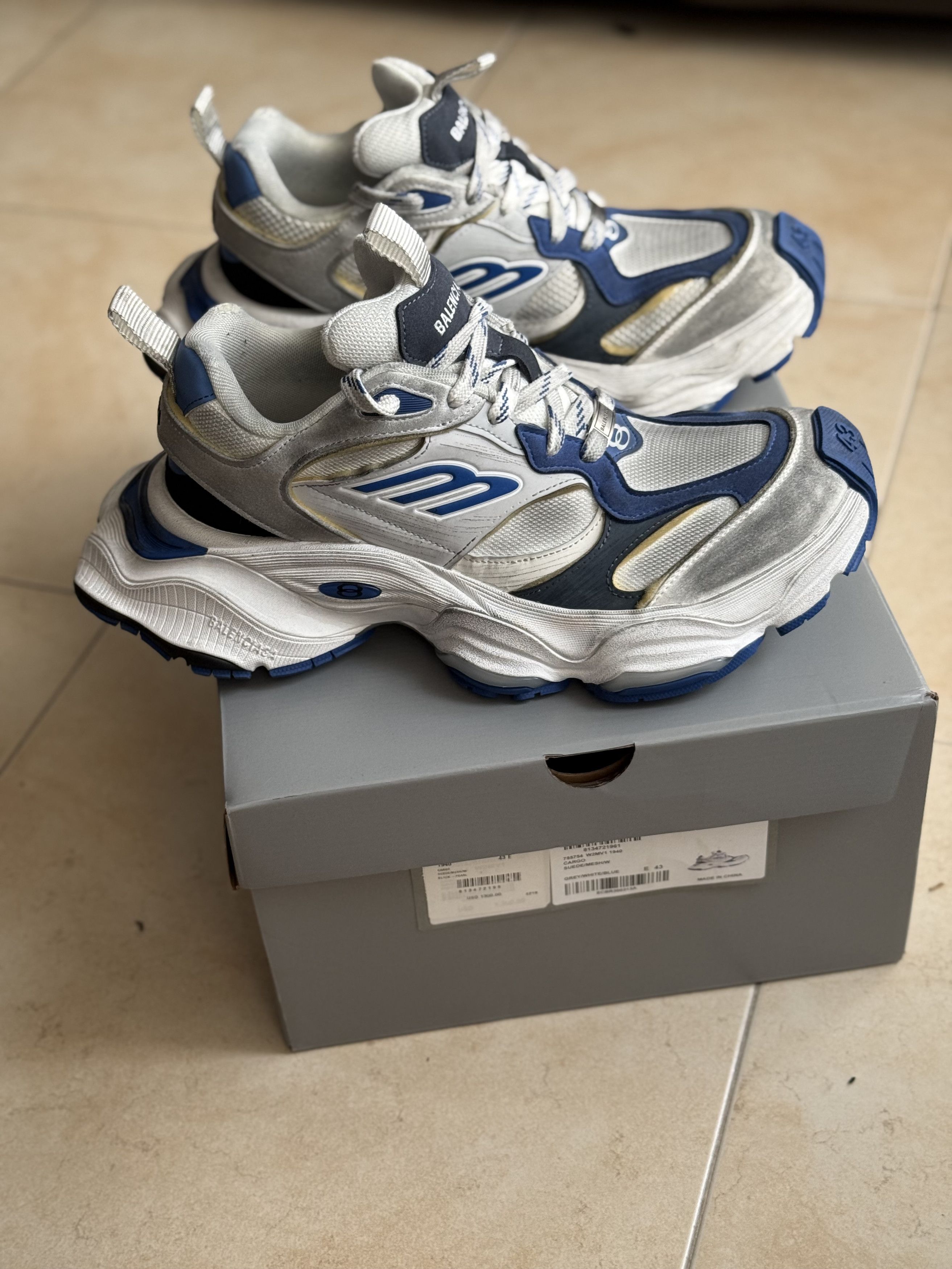 ★BALENCIAGA★ CARGO SNEAKERS GREY WHITE BLUE Balenciaga Men's Cargo Microfiber & Mesh Grey / White / Blue
