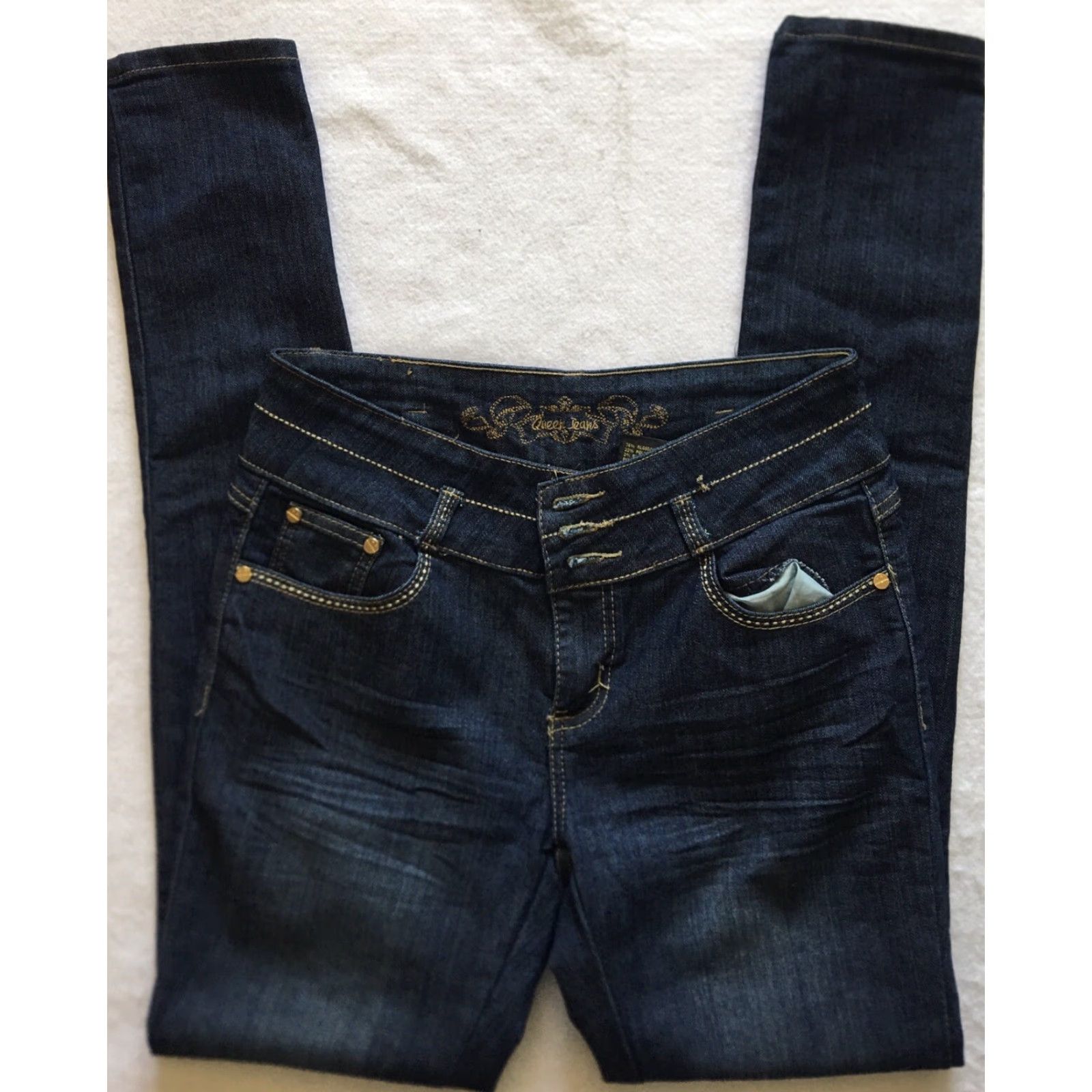Denime Queen Jeans Women’s Jeans Skinny Women’s Junior Size 11 Dark Wash Blue Stretch Denim Pockets Zip Low Rise Size 32" / US 10 / IT 46 - 4 Thumbnail