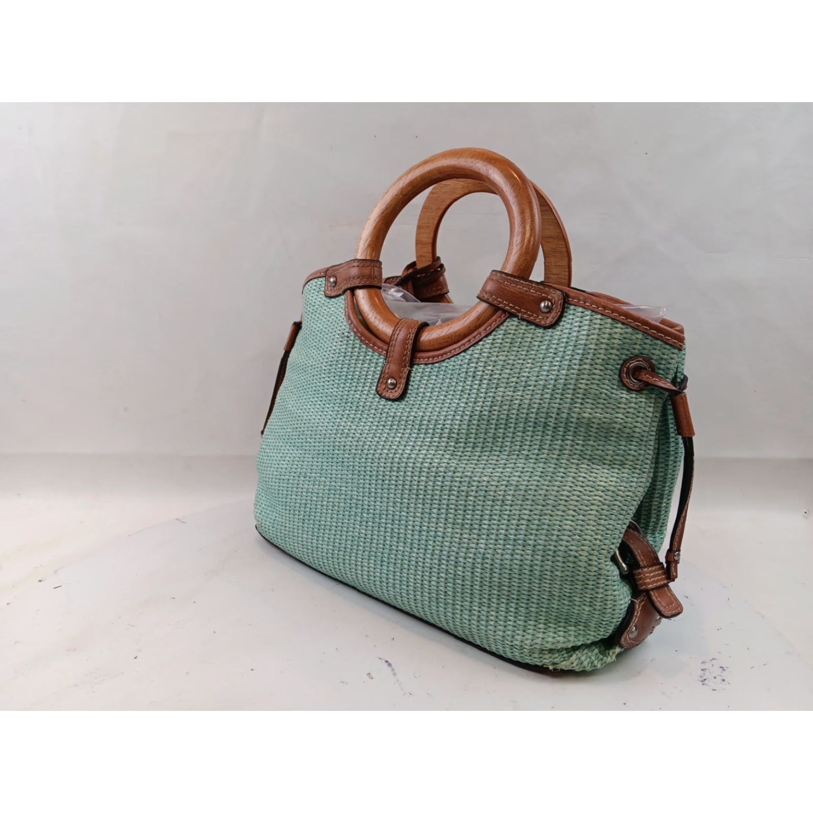 Fossil Fossil Wicker Woven Handbag Satchel Seafoam Green Leather Trim Wooden Handles Size ONE SIZE - 3 Thumbnail