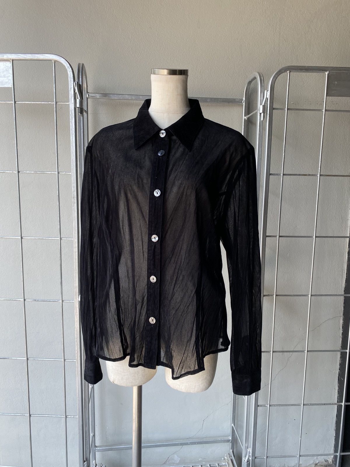 Designer Asuka Black Sheer Velvet Shirt. Size L / US 10 / IT 46 - 1 Thumbnail