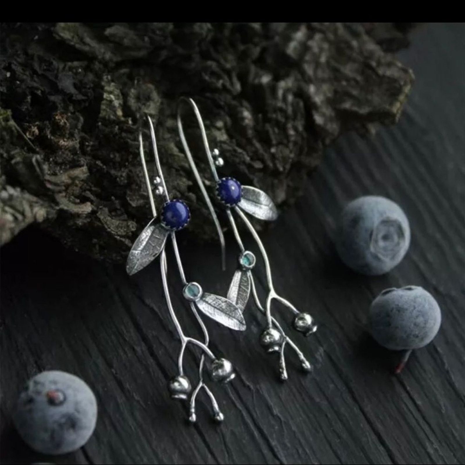 Other Retro Bohemian Flower Branch Inlaid Blue Stone Earrings Size ONE SIZE - 5 Thumbnail