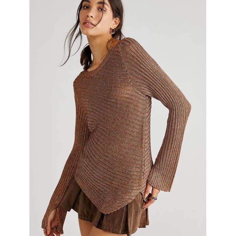 Free People New Free People Logan Ribbed Knit Sweater $128 SMALL Brown Size S / US 4 / IT 40 - 1 Thumbnail