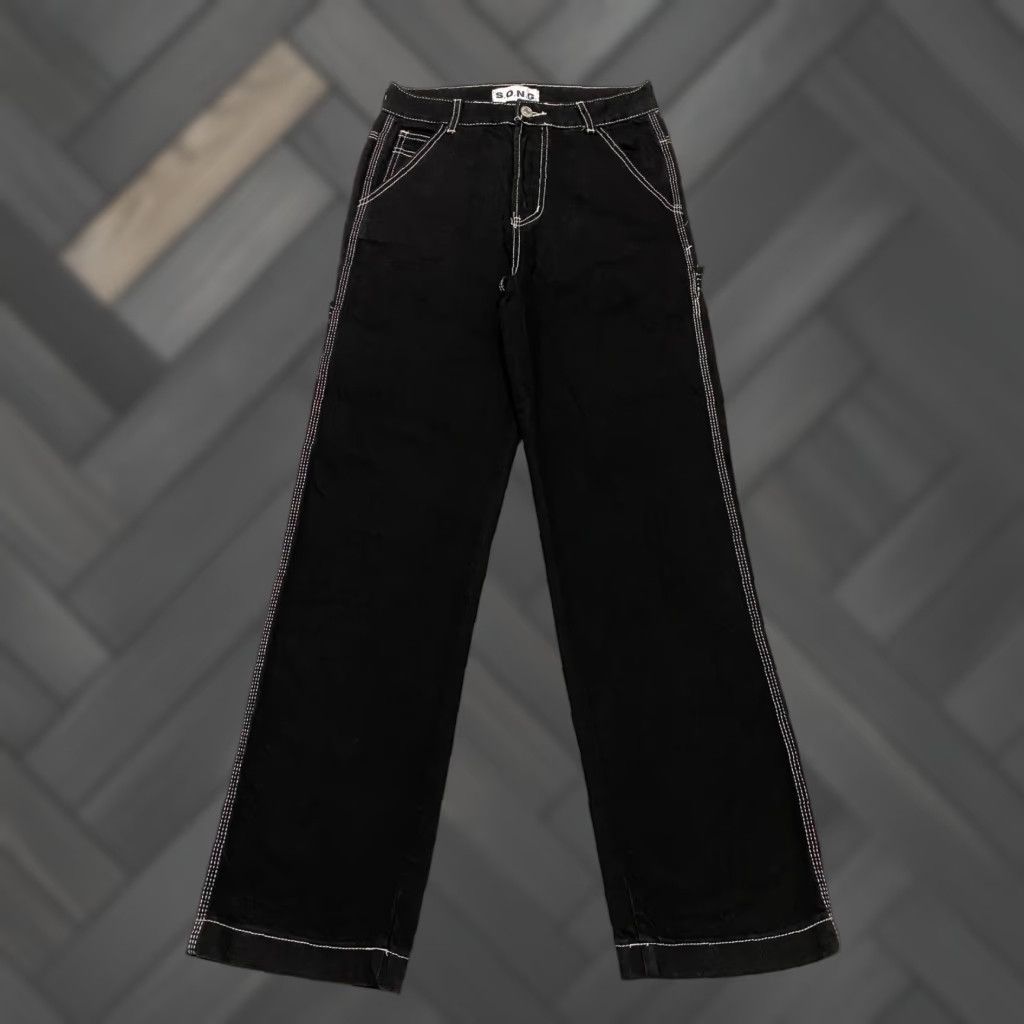 Vintage SONG Black Wide Leg Carpenter Jeans Contrast Stitching 100% Cotton 25 in Inseam Button Fly Women Clothes Size 25" / US 0 / IT 36 - 1 Thumbnail