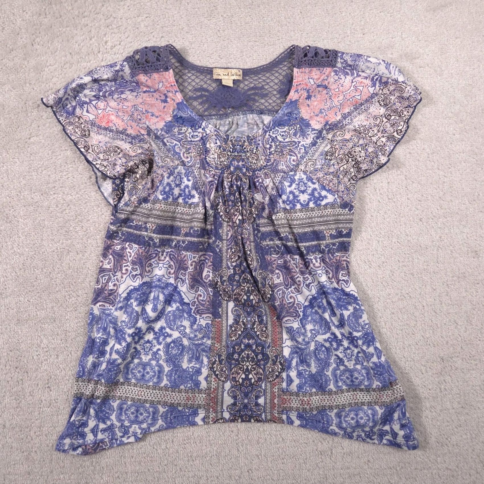 Olive Live And Let Live Blouse Womens Small Blue Paisley Beaded Tunic Top Crochet Lace Size S / US 4 / IT 40 - 2 Thumbnail