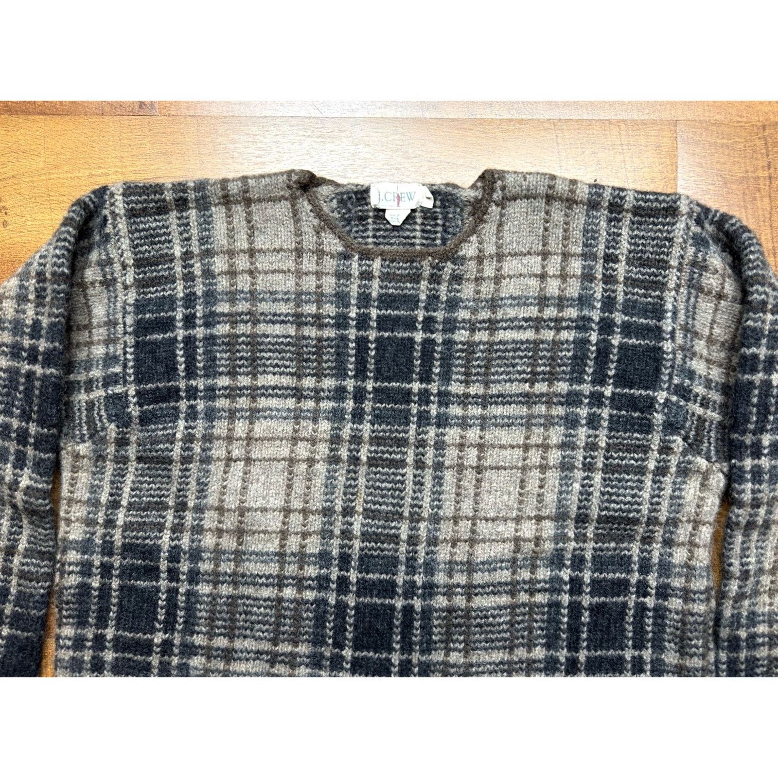J.Crew VINTAGE J.CREW Sweater Womens Large Wool Crewneck Oarsman Brown Plaid - READ Size L / US 10 / IT 46 - 2 Thumbnail