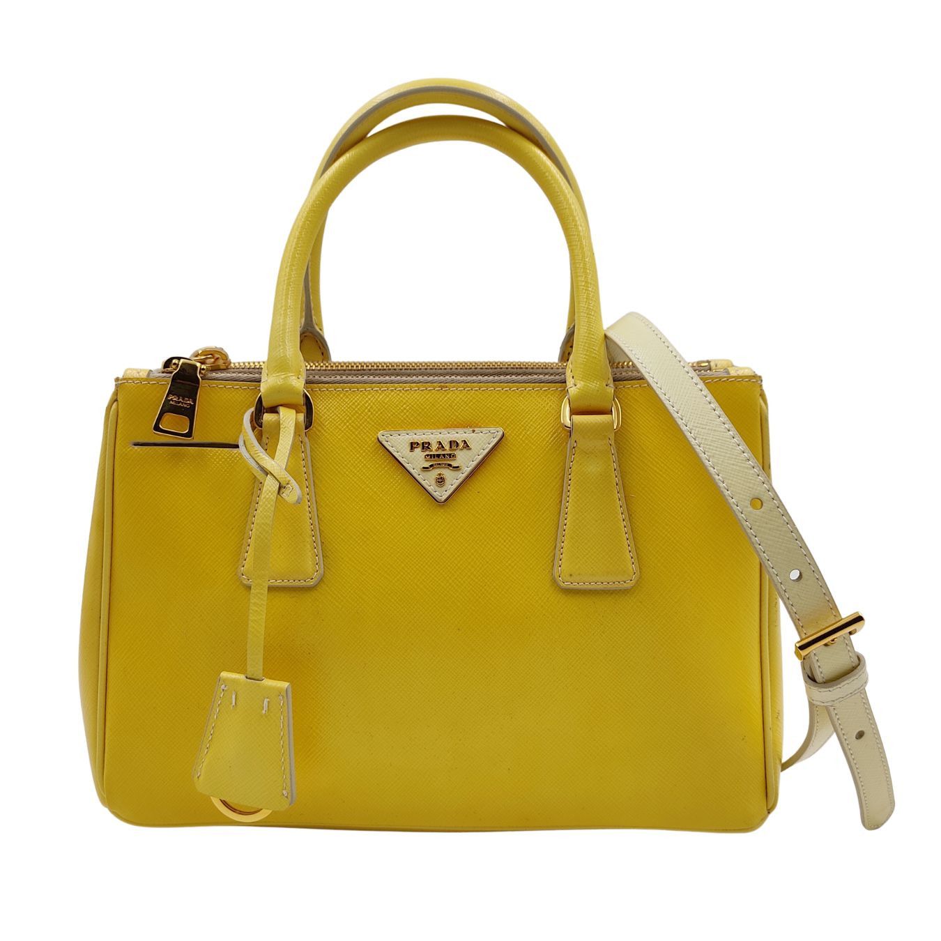 image of Prada Prada Prada Mini Galleria Bag In Yellow Patent Leather, Women's