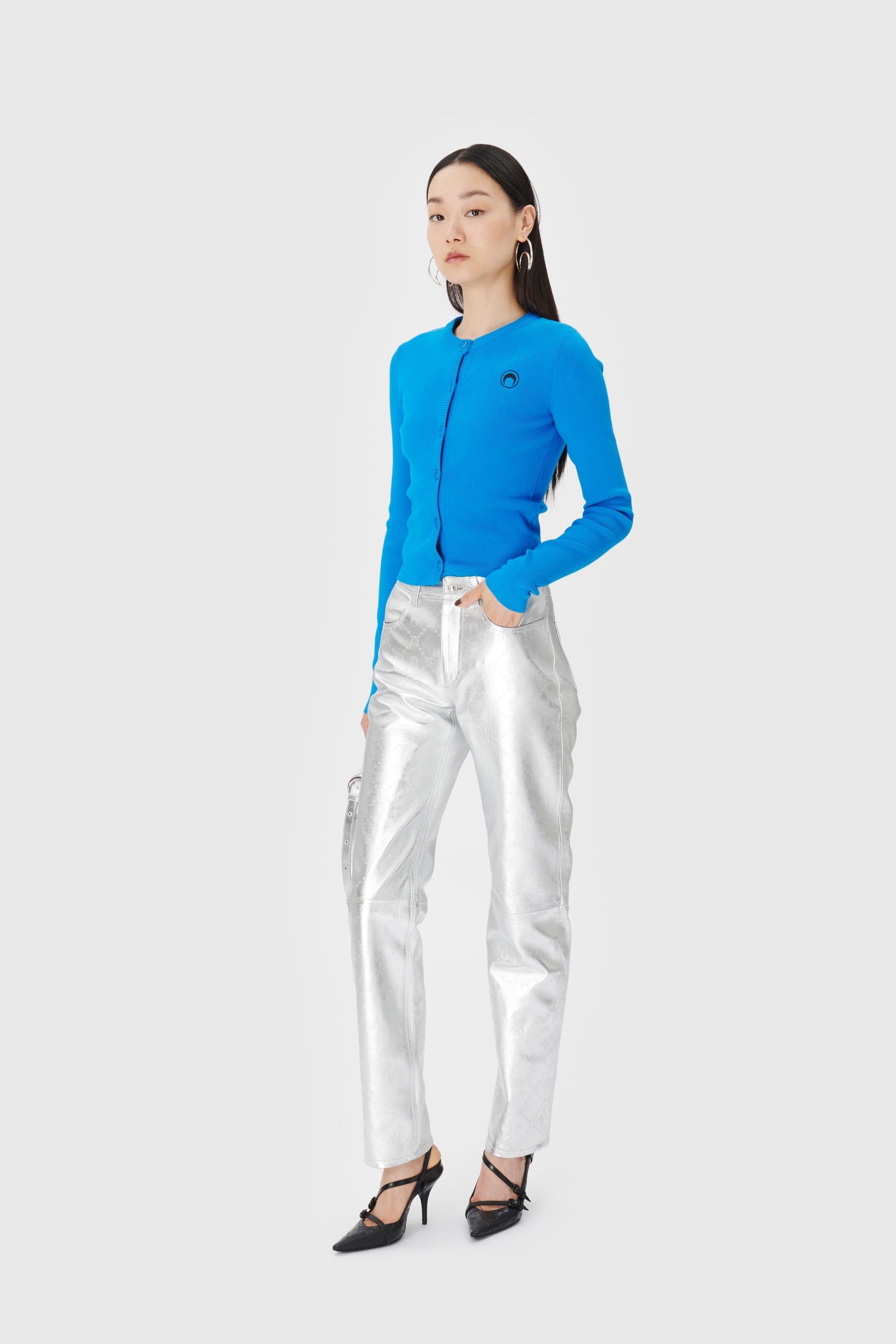 Marine Serre o1s22i1n0225 Leather Laminated Moonogram Pant in Silver Size 26" / US 2 / IT 38 - 2 Thumbnail