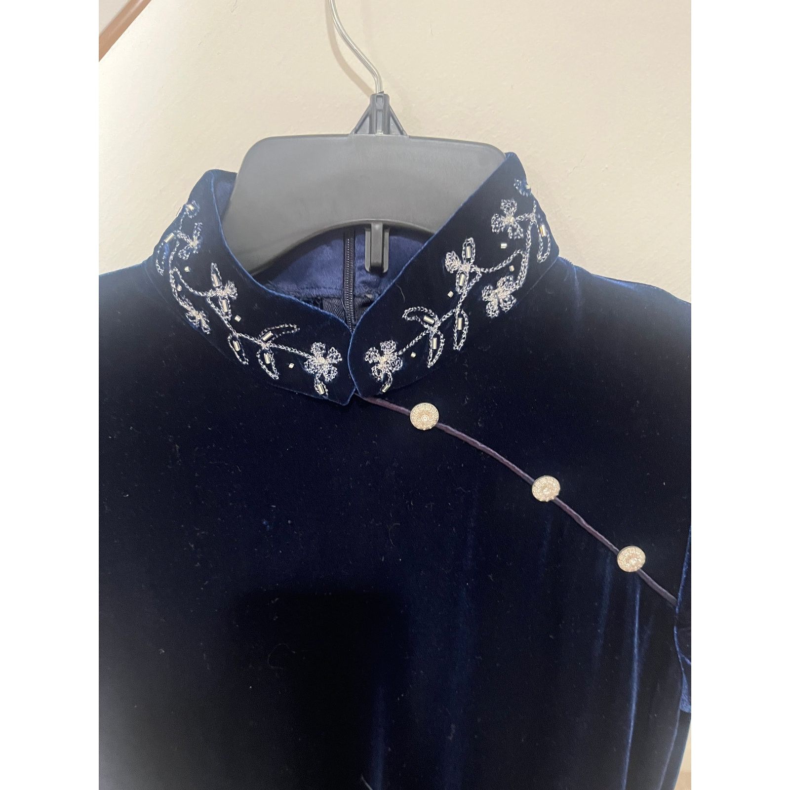 Vintage Cheongsam Dress Mandarin Collar Chinese Navy Blue Velvet 6 Size M / US 6-8 / IT 42-44 - 3 Thumbnail