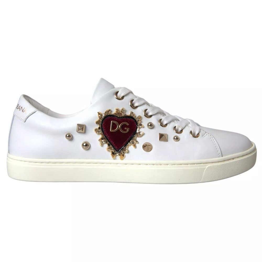 Dolce & Gabbana Dolce & Gabbana White Leather Gold Red Heart Sneakers Shoes Size US 6.5 / IT 36.5 - 1 Thumbnail