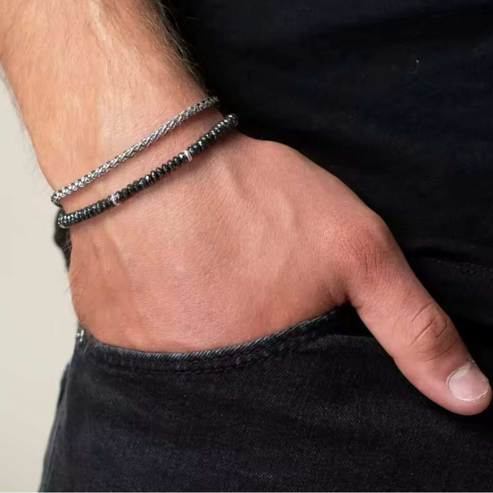 Other Men’s Simple Classic Stone Bead Chain Layered Bracelet 7.8” Size ONE SIZE - 1 Preview