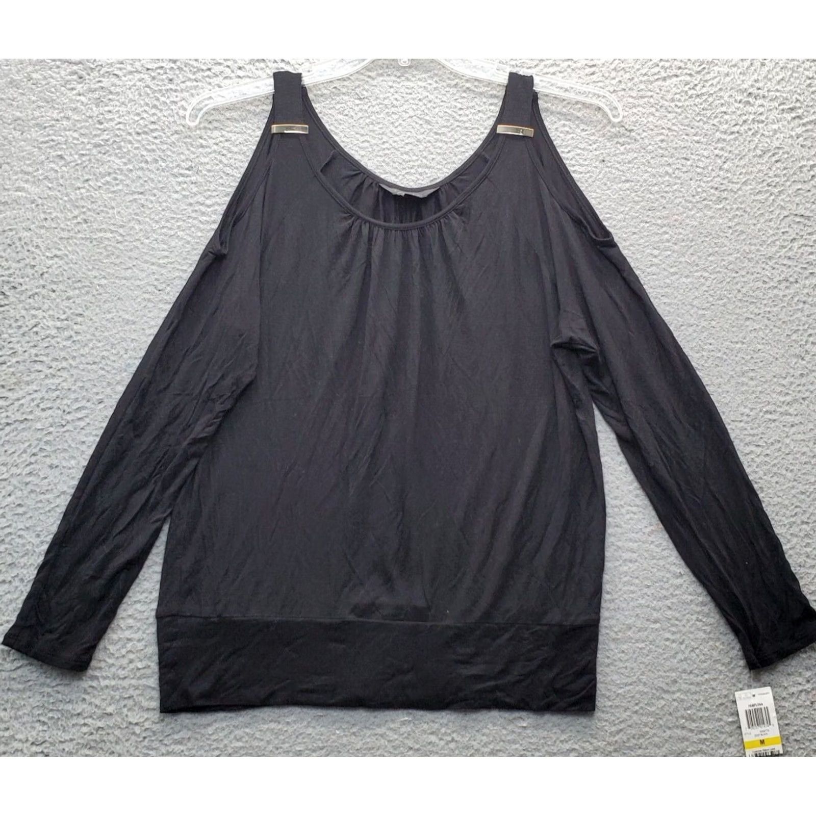 Vintage Thalia Sodi Blouse Top Womens Medium Black Rayon Stretch Cold Shoulder Sleeve Size M / US 6-8 / IT 42-44 - 2 Thumbnail