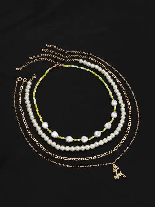 Jewelry Retro Punk Pearl Necklace Chain 4pc Set Size ONE SIZE - 4 Thumbnail