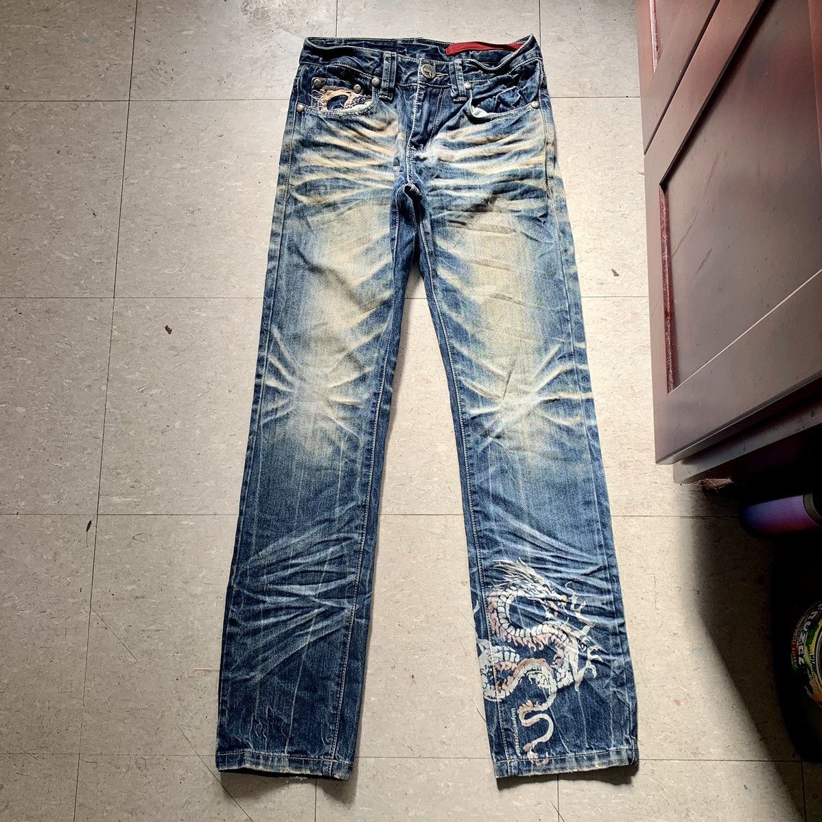image of Punk Style Y2K Crazy Wash, Fade, Whisker Denim Jeans 27X32 in Blue, Women's