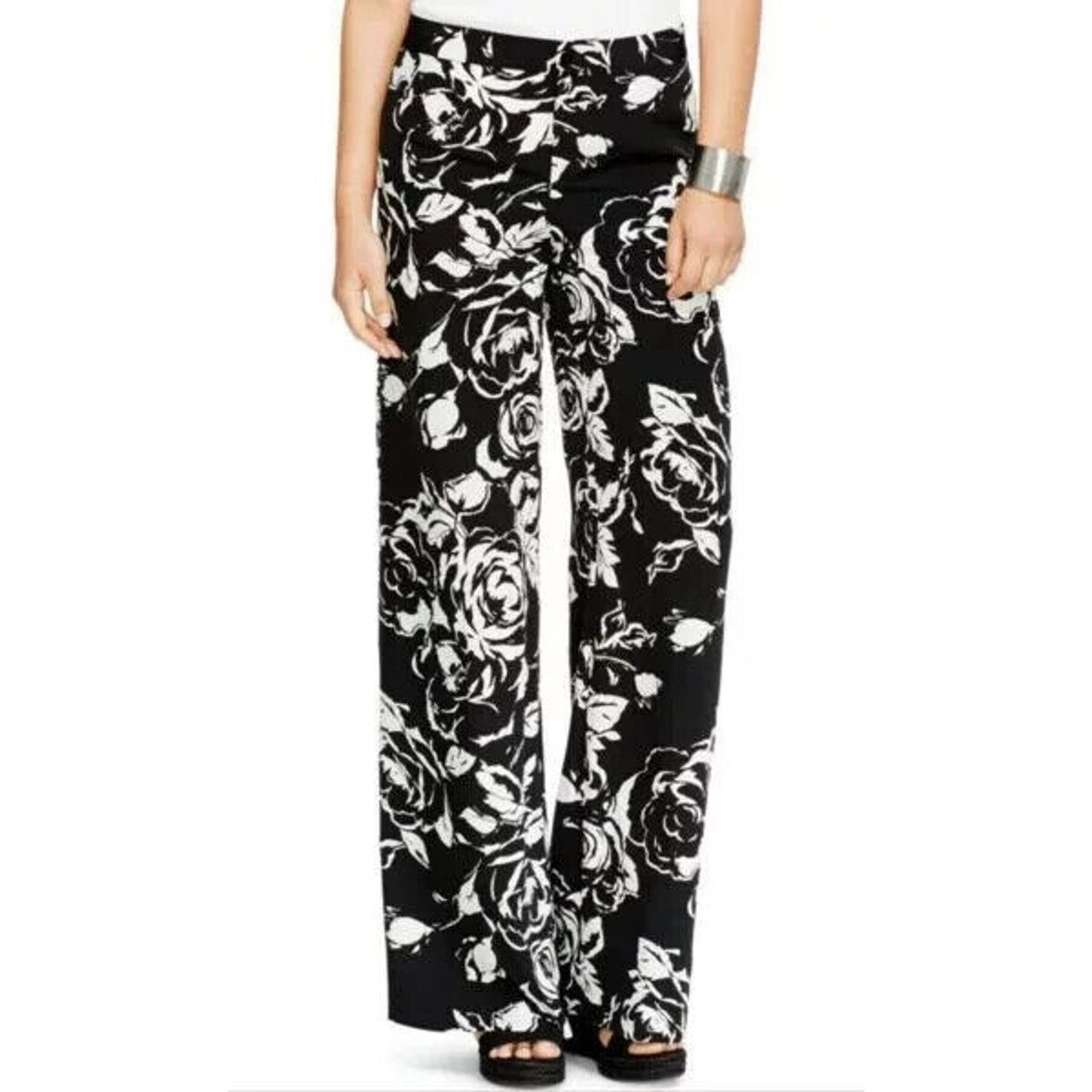 Ralph Lauren Black Label RALPH LAUREN BLACK & WHITE FLORAL PRINT WIDE LEG PANTS SZ 10 Size 32" / US 10 / IT 46 - 4 Thumbnail