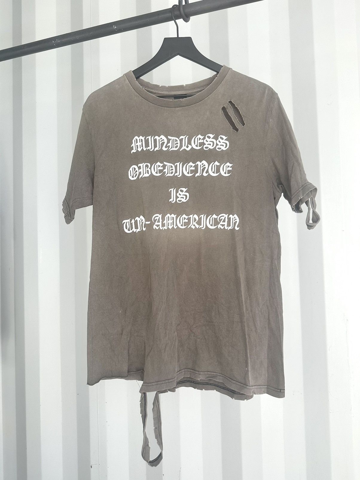image of Number N Ine Mindless Obedience Is In American Sunfaded Thrashed Shirt in Black, Men's (Size Large)