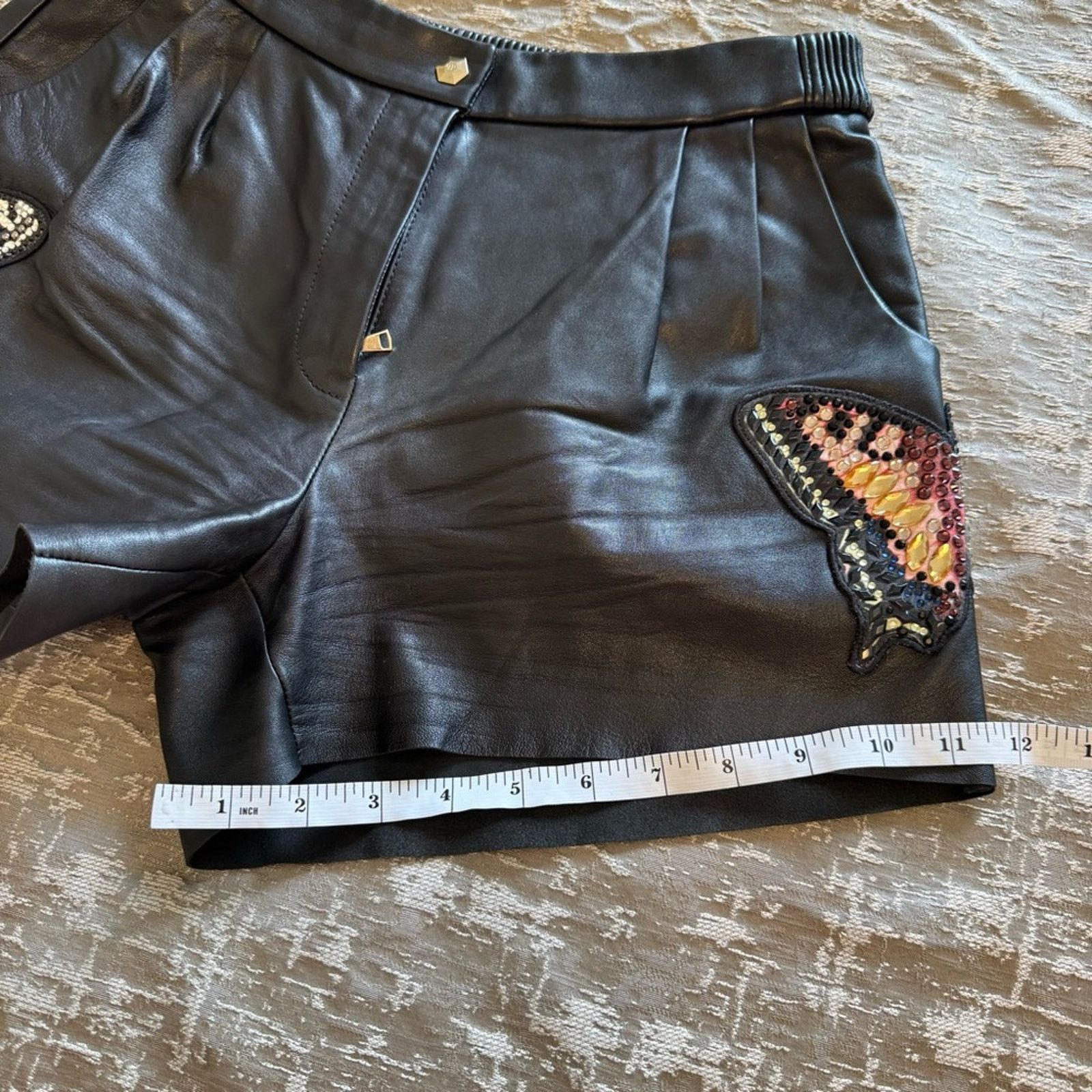 Philipp Plein PHILIP PLEIN Black Leather Shorts with Butterfly, Size S Size 26" / US 2 / IT 38 - 12 Thumbnail