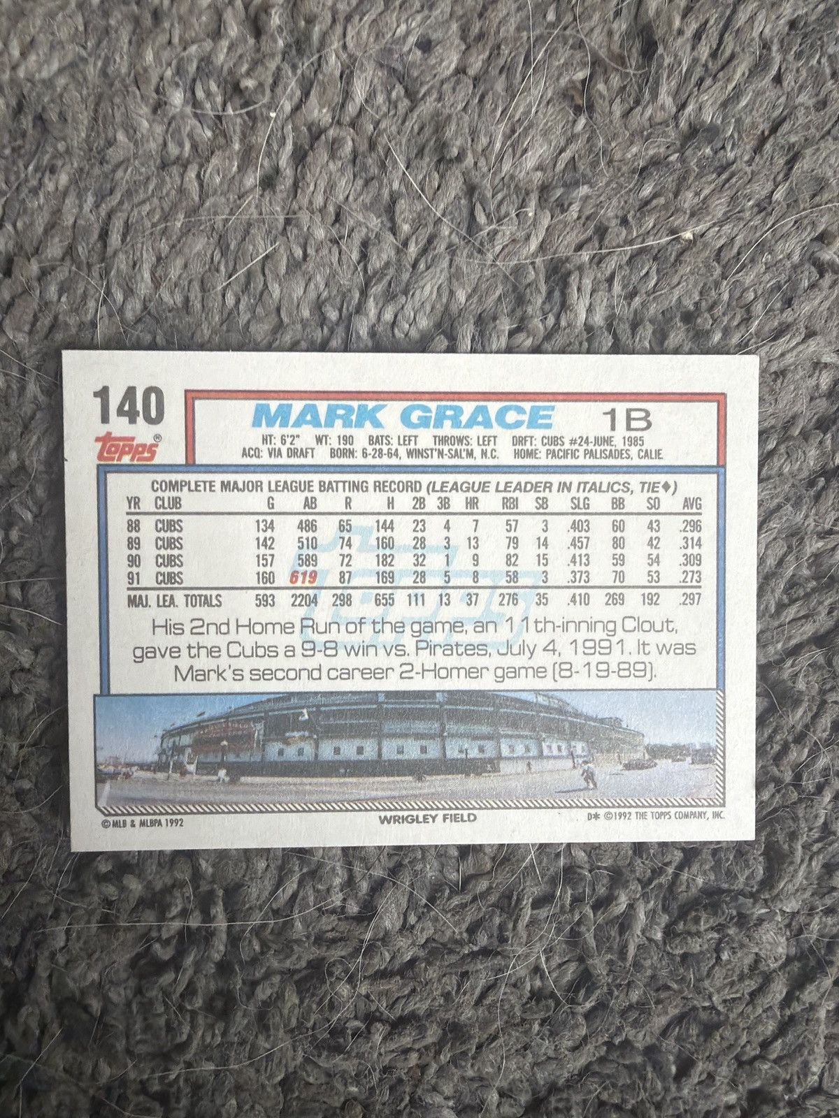 MLB 1992 Topps #140 Mark Grace Card Size ONE SIZE - 2 Thumbnail