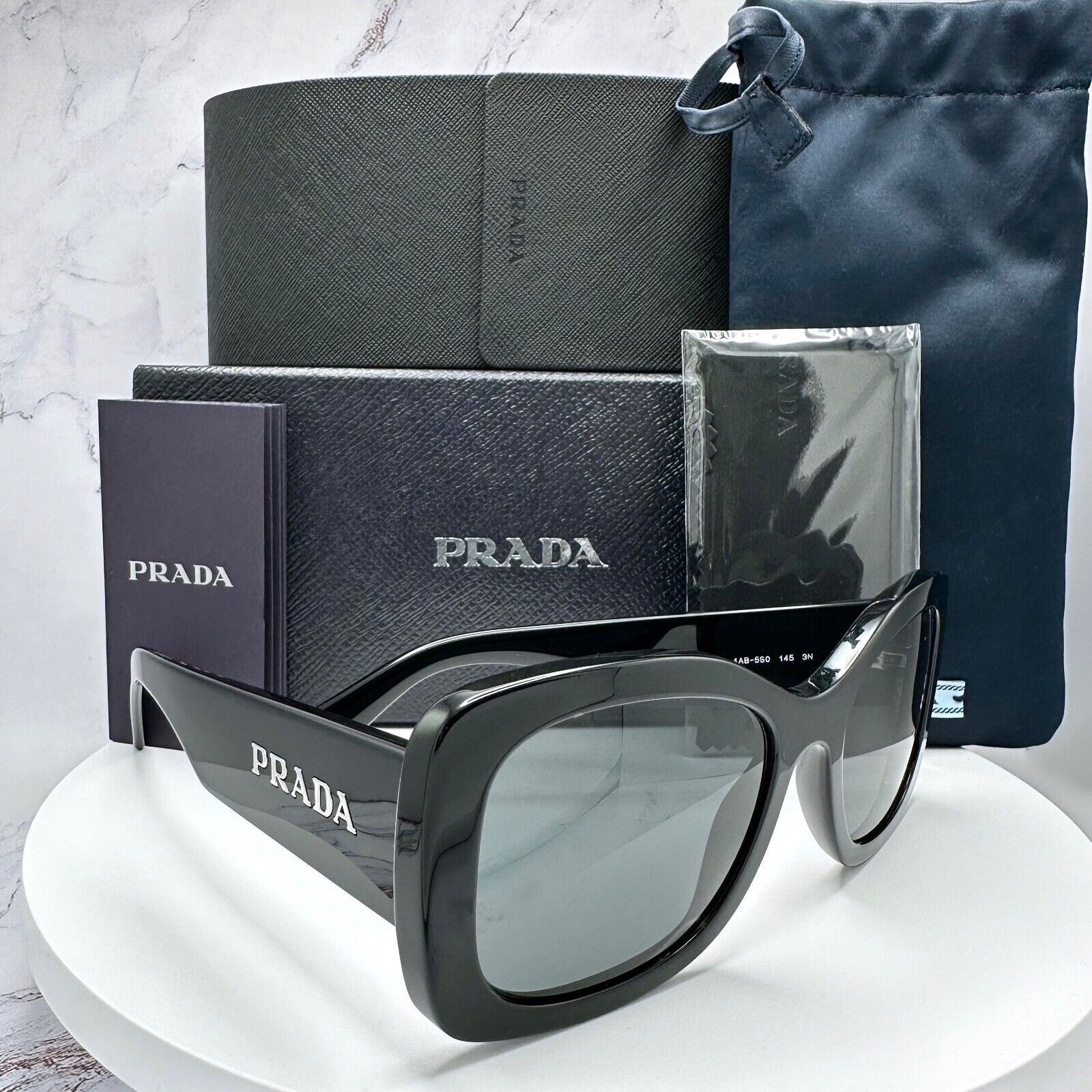 image of Prada Sunglasses Black Silver Rectangle Logo Authentic, Men's